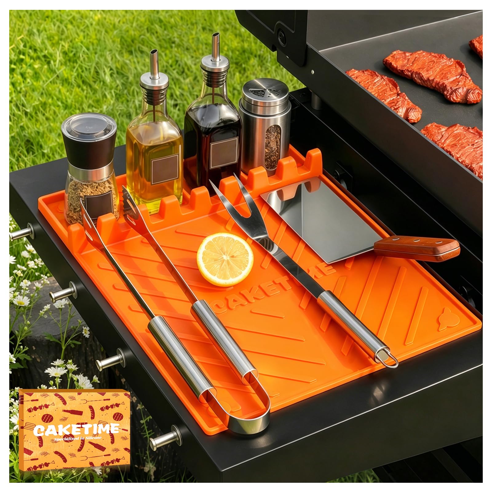 CAKETIME Silicone Grill Mats for Blackstone Griddle Accessories Baking Cooking Kitchen BBQ Must Haves Countertop Weber Traeger Stove Outdoor Camping Lawn Orange Father Dad Chef Men Gifts