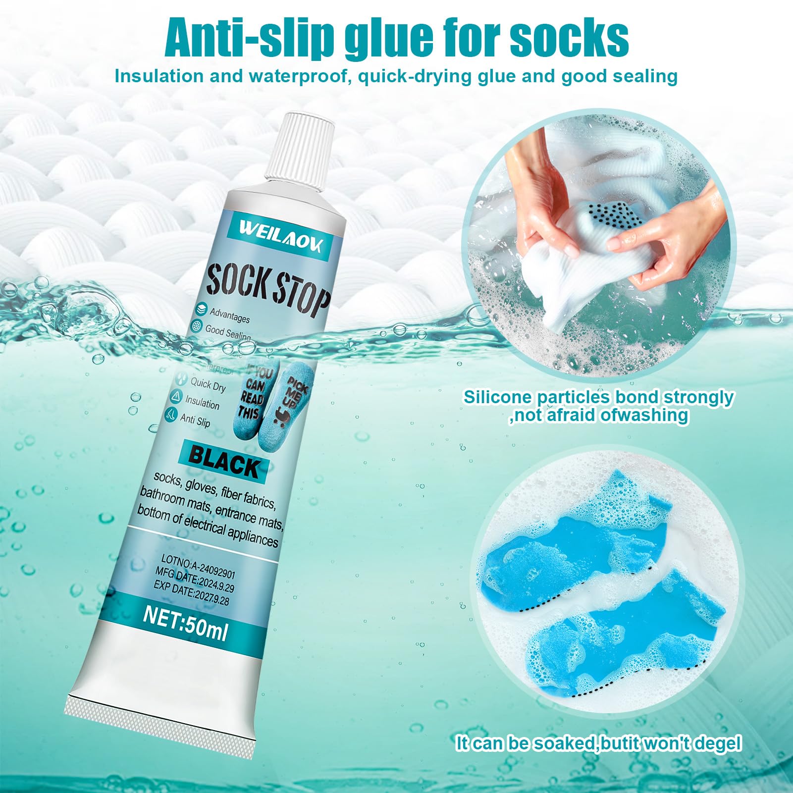 Sock Stop Liquid, antypoślizgowy zestaw skarpet, antypoślizgowe rozwiązanie skarpet, zmywalne, płynny klej antypoślizgowe skarpety, maty łazienkowe, czarne