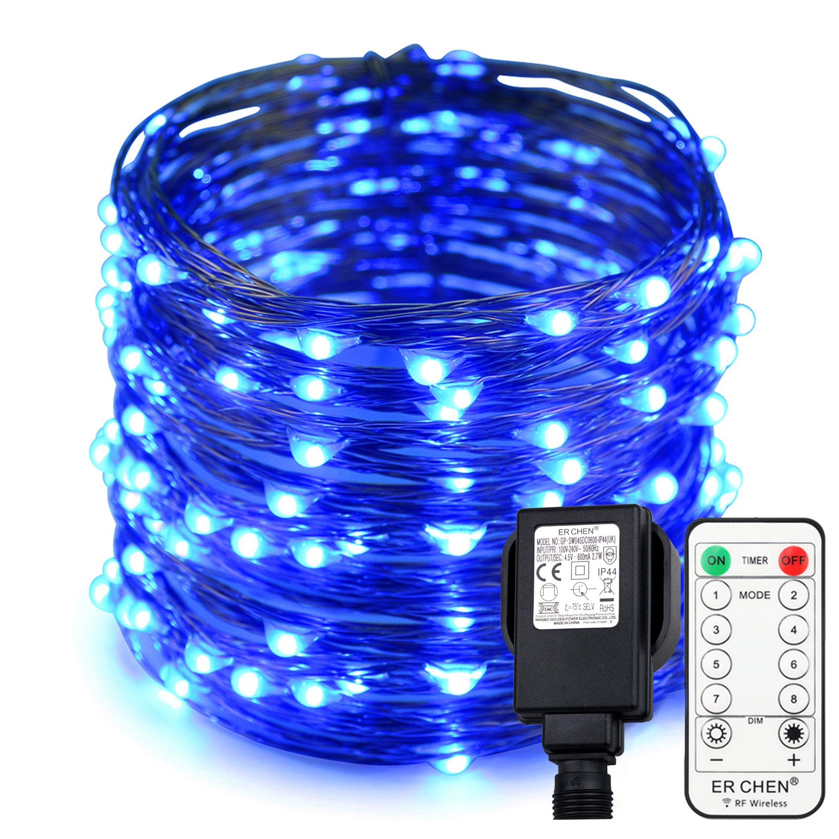 ER CHEN Fairy Lights Plug in 66 Ft 200 LED Copper Wire Dimmable Twinkle String Lights with Remote Timer, Blue