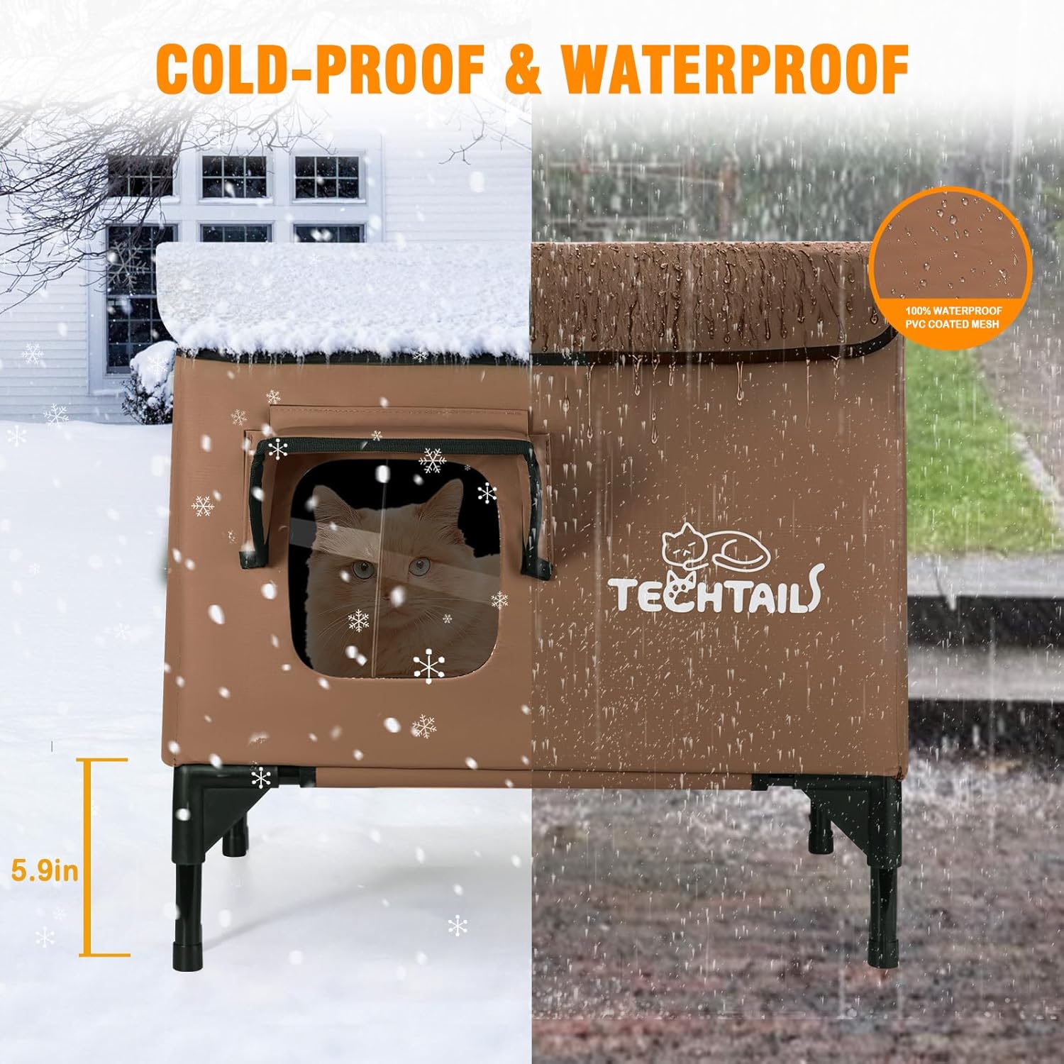 Heated Outdoor Cat House for Outside Winter, Insulated Weatherproof Feral Cat House with Slanted Roof, Escape Door & Heating Pad, Elevated Cat Shelter Bed for Outdoor Cats Stray Barn Cat (Coffee)