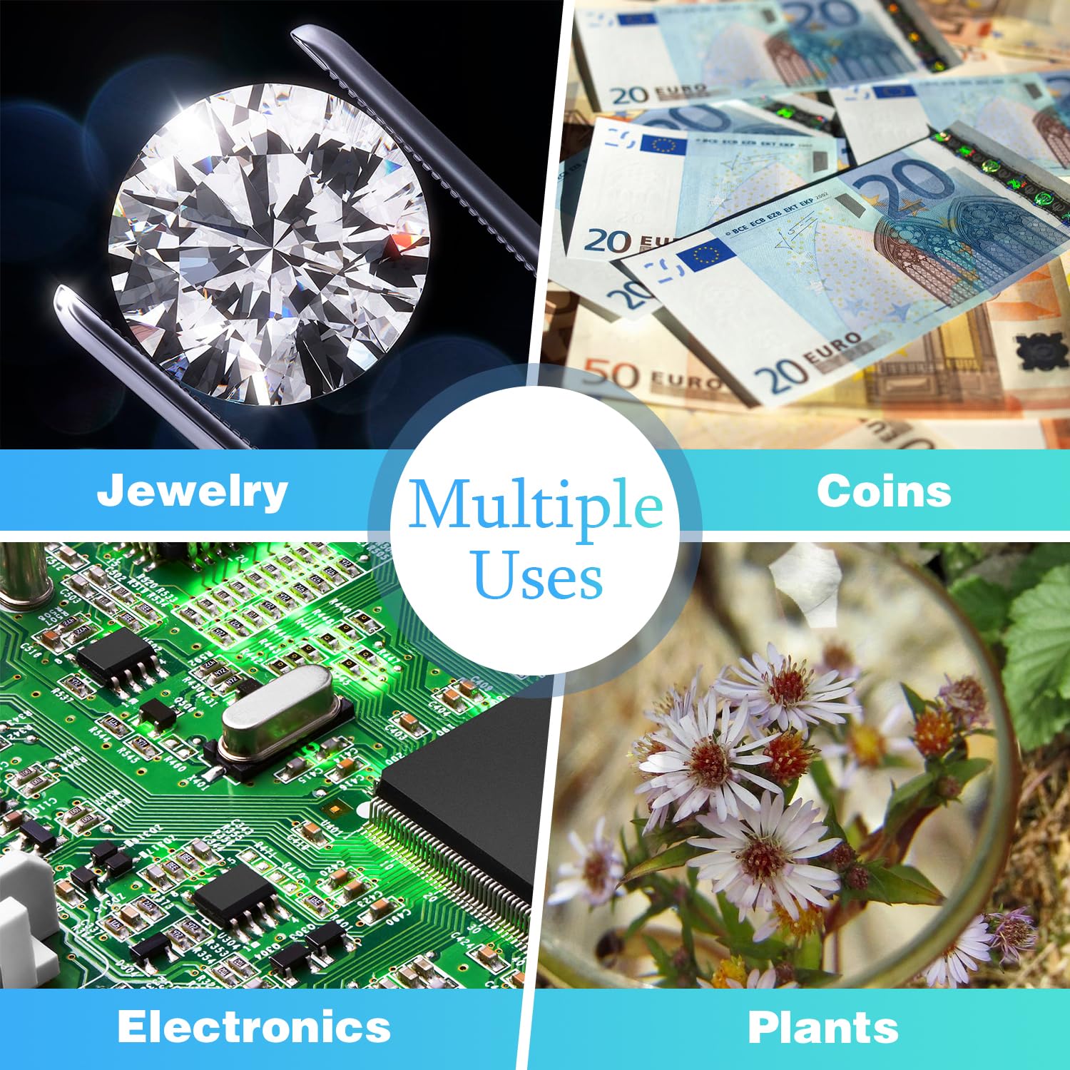 Lupa de joyero 40X,Lupa de joyería Plegable de Acero Inoxidable,con luz LED y Ultravioleta,para Diamantes joyeros Monedas Sellos, reconocimiento de Moneda, identificación de Joyas