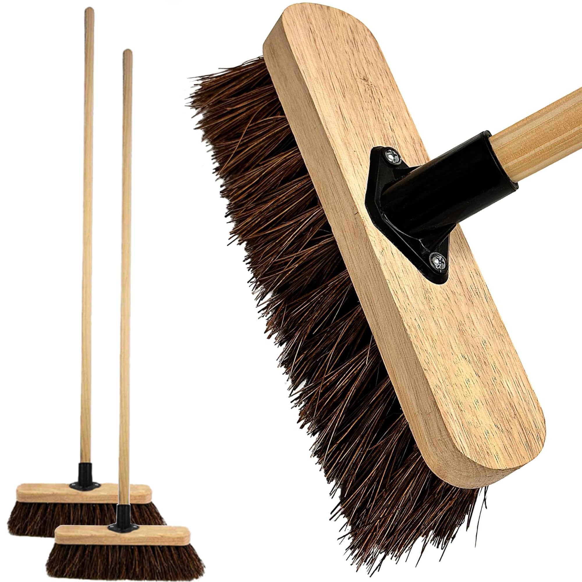 10โ Outdoor Garden Broom with Wooden Handle Natural Stiff Bassine Hard Bristle with Durable Support Bracket Yard Brush Heavy Duty Broom Outdoor Cleaning Sweeping Yard (PACK OF 2)