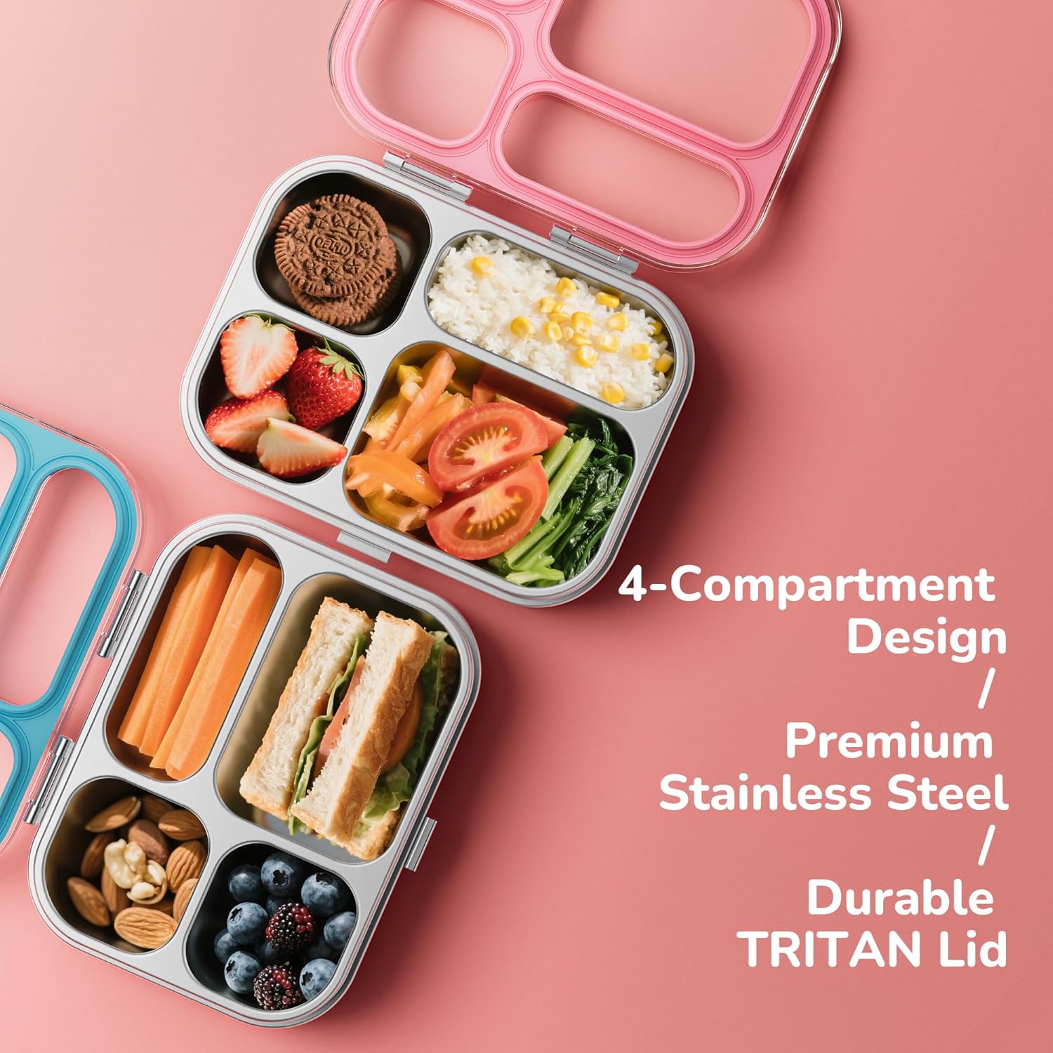 G.a HOMEFAVOR Stainless Steel Lunch Box - 4 Compartments Bento Box for Kids, Leakproof Food Container for School, Office, Dishwasher Safe, BPA-Free, 27 oz, Pink - Image 4
