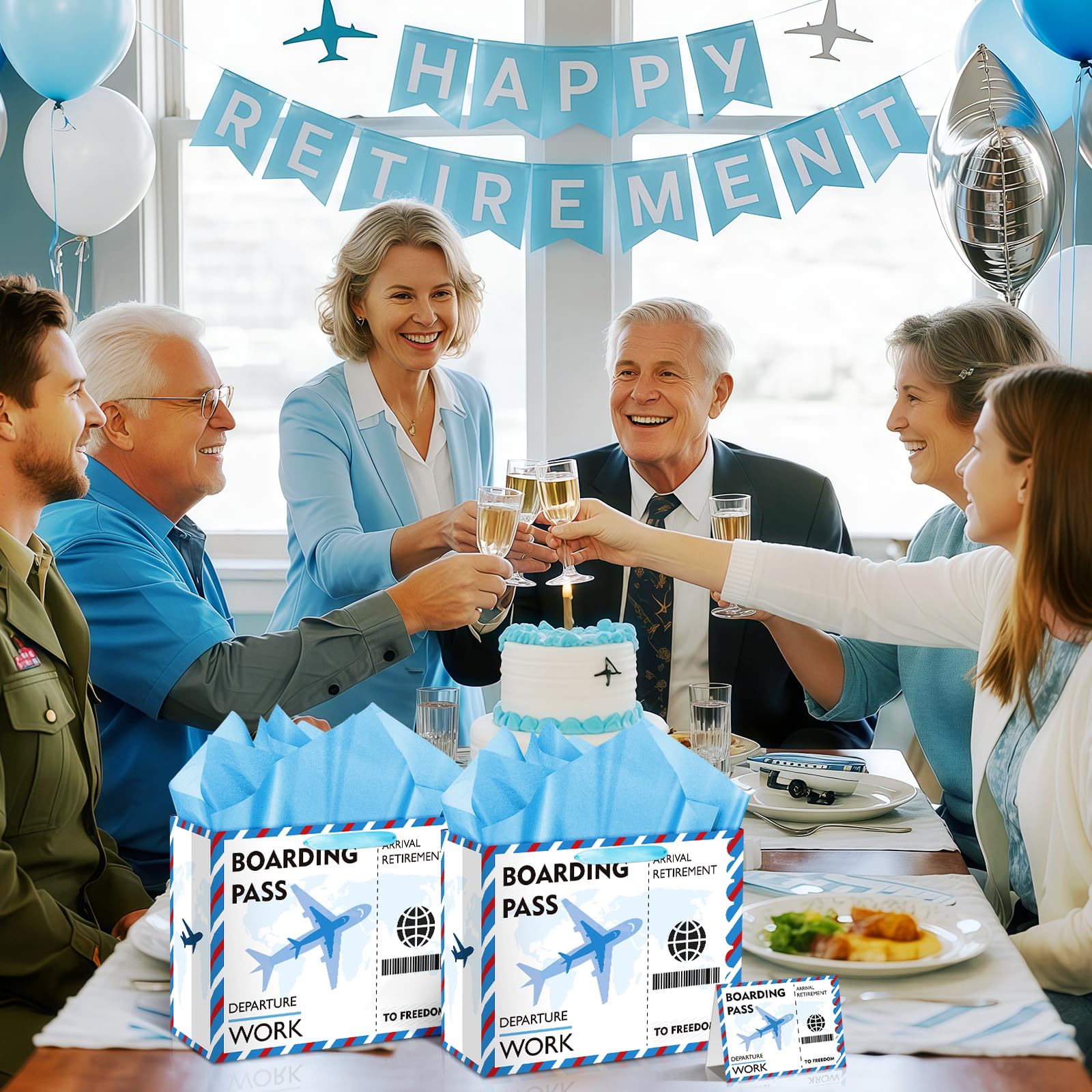Funny Retirement Gift Bag Large Blue Retirement Gift Wrapping Paper Bag with Tissue Paper Greeting Card Going Away Party Favors Bag for Men Women Office Coworker Farewell Party Supplies Decorations