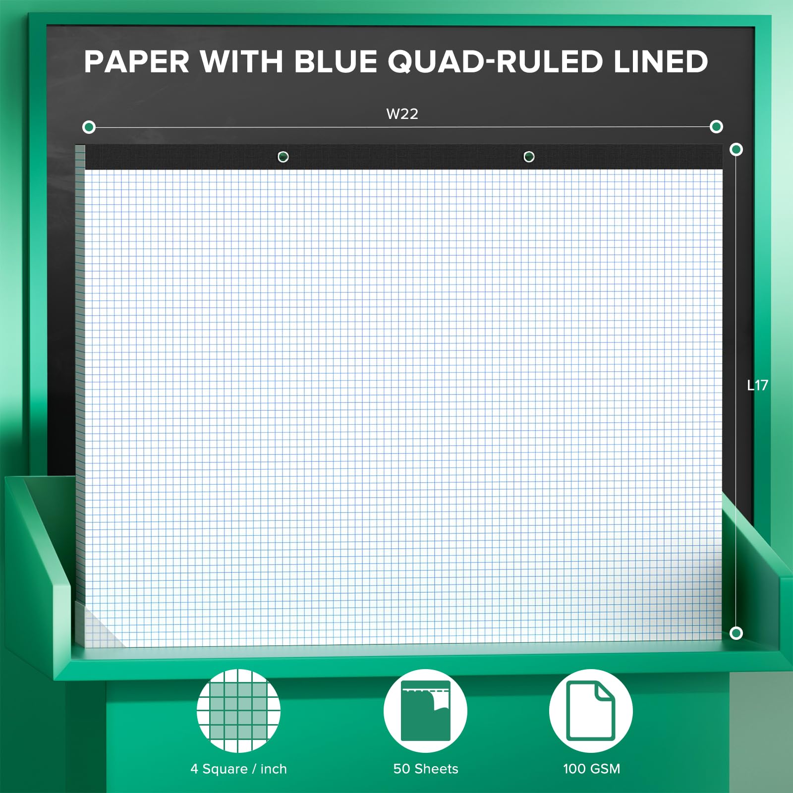 Großer Grafikpapierblock, 55,9 x 43,2 cm, 50 Blatt, 10,2 x 10,2 cm, kariert, kariert, 55,9 x 43,2 cm, Blaudruck-Quadrille-Block, leicht abreißbar, stabile Kartonrückseite, großes Rasterblock, weiß