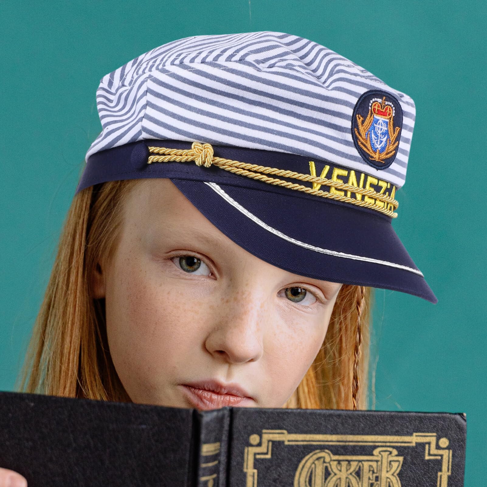 Cappello da Capitano a Righe Blu per Ragazzo Ragazza 2 Pezzi Regolabile | Taglie Adulto 58cm e Ragazzo Ragazza 54cm, per Scena e Festa, Stile Berretto Dettagli a Strisce