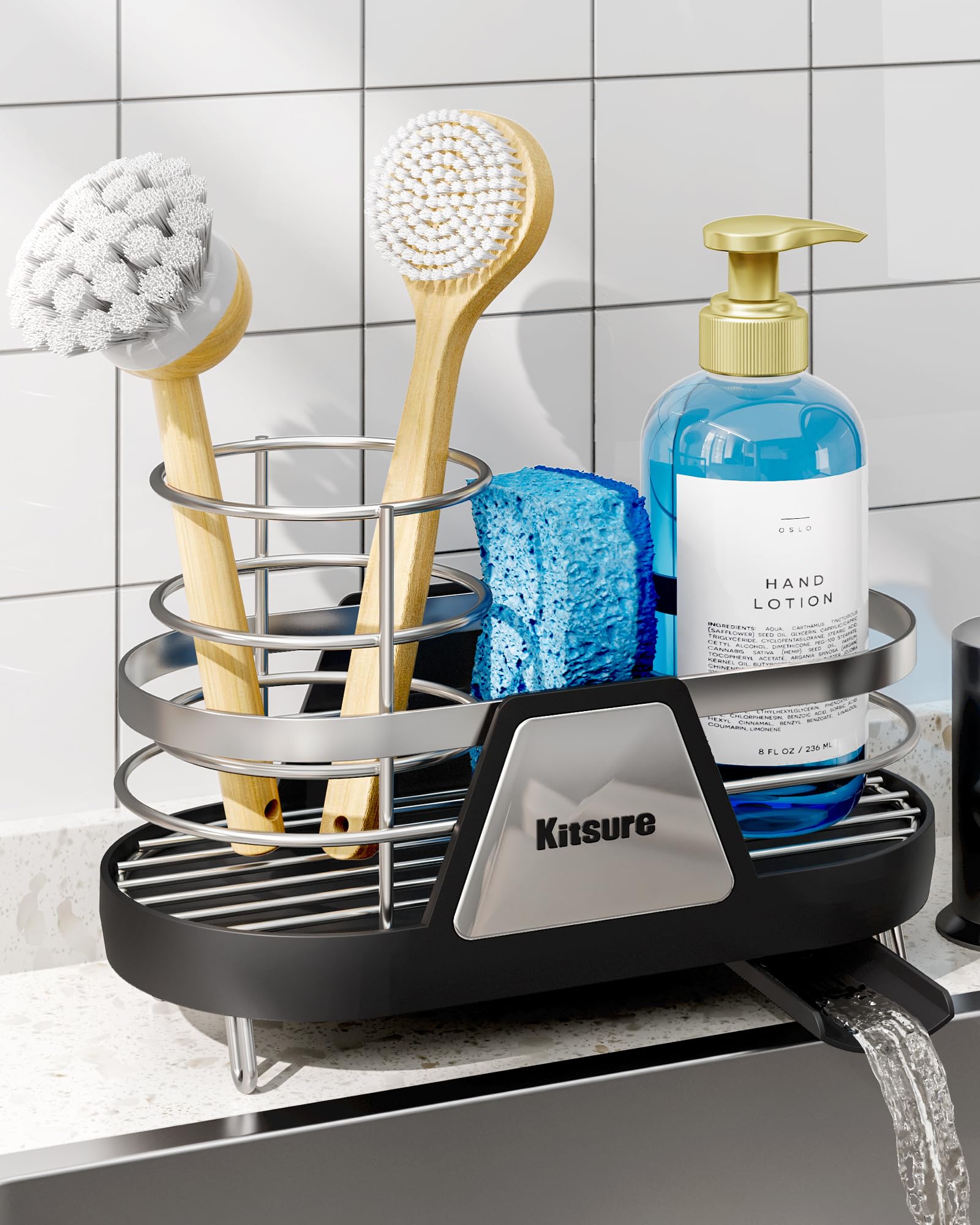 Kitsure spülbecken organizer – platzsparender Küchenspülen-Caddy mit drehbarem Wasserauslass, sink organizer aus Metall mit abnehmbarem Bürstenhalter, 20,0 x 10,0 x 13,5 cm, Schwarz