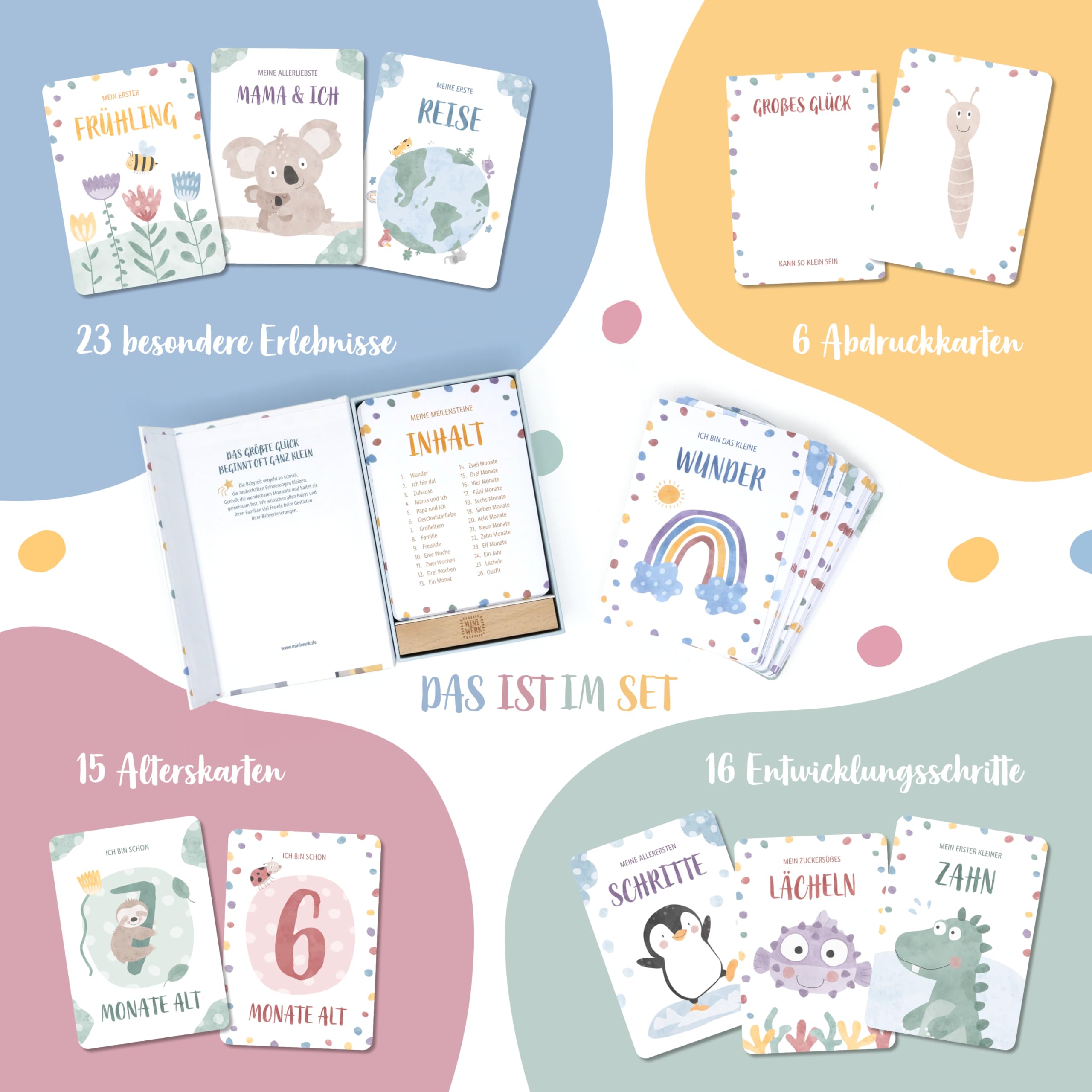 Miniwerk Meilensteinkarten Baby 60 Stück – persönliches Geschenk zur Geburt, Erinnerungsbox Baby, Babytagebuch, Ergänzung zur Baby Erstausstattung für Neugeborene und Eltern, Kontrastkarten Baby