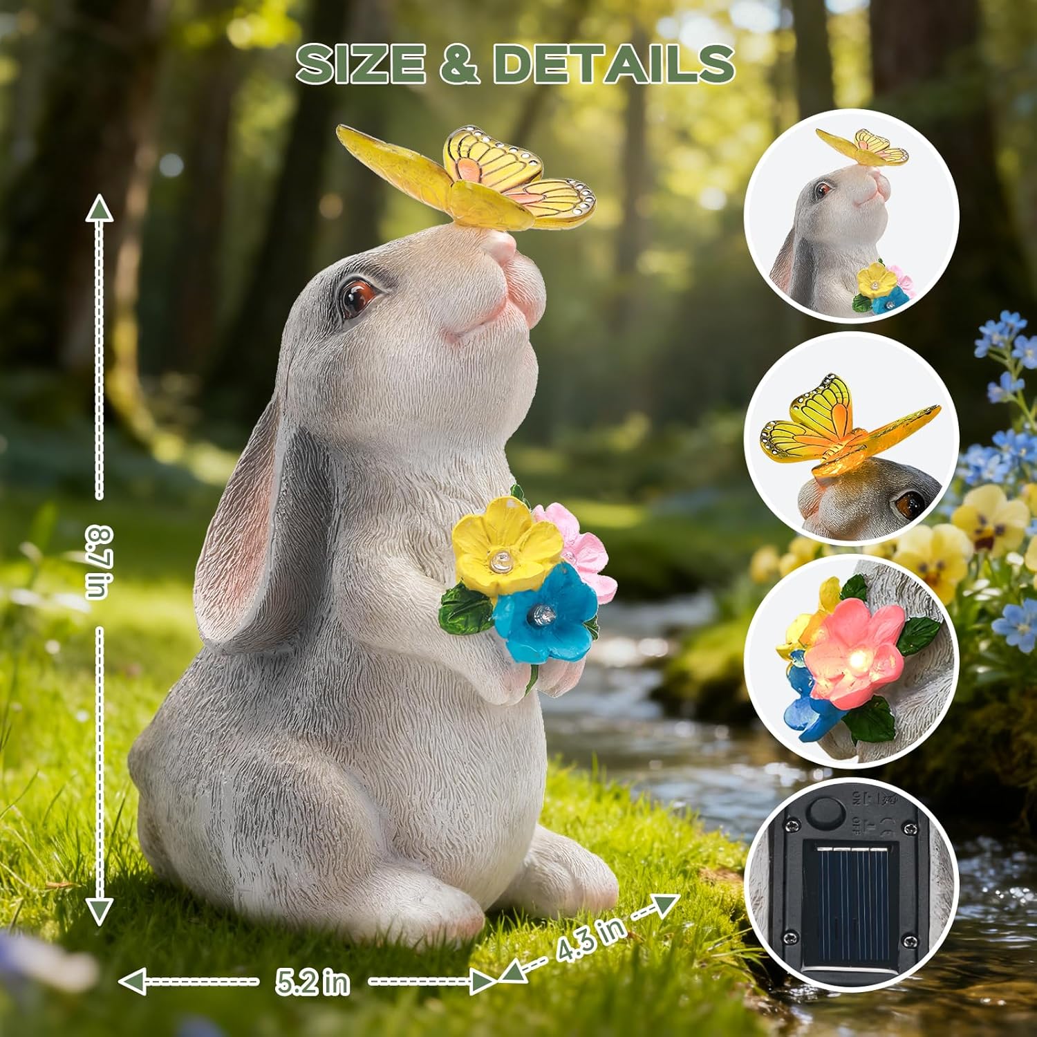 Solar Garden Statue Outdoor Decor, Rabbit Figurine with Butterfly LED Lights, Bunny Statue for Garden, Yard Decor, Lawn Ornament, Valentine's Day Birthday Gift for Women Mom Grandma - Image 4