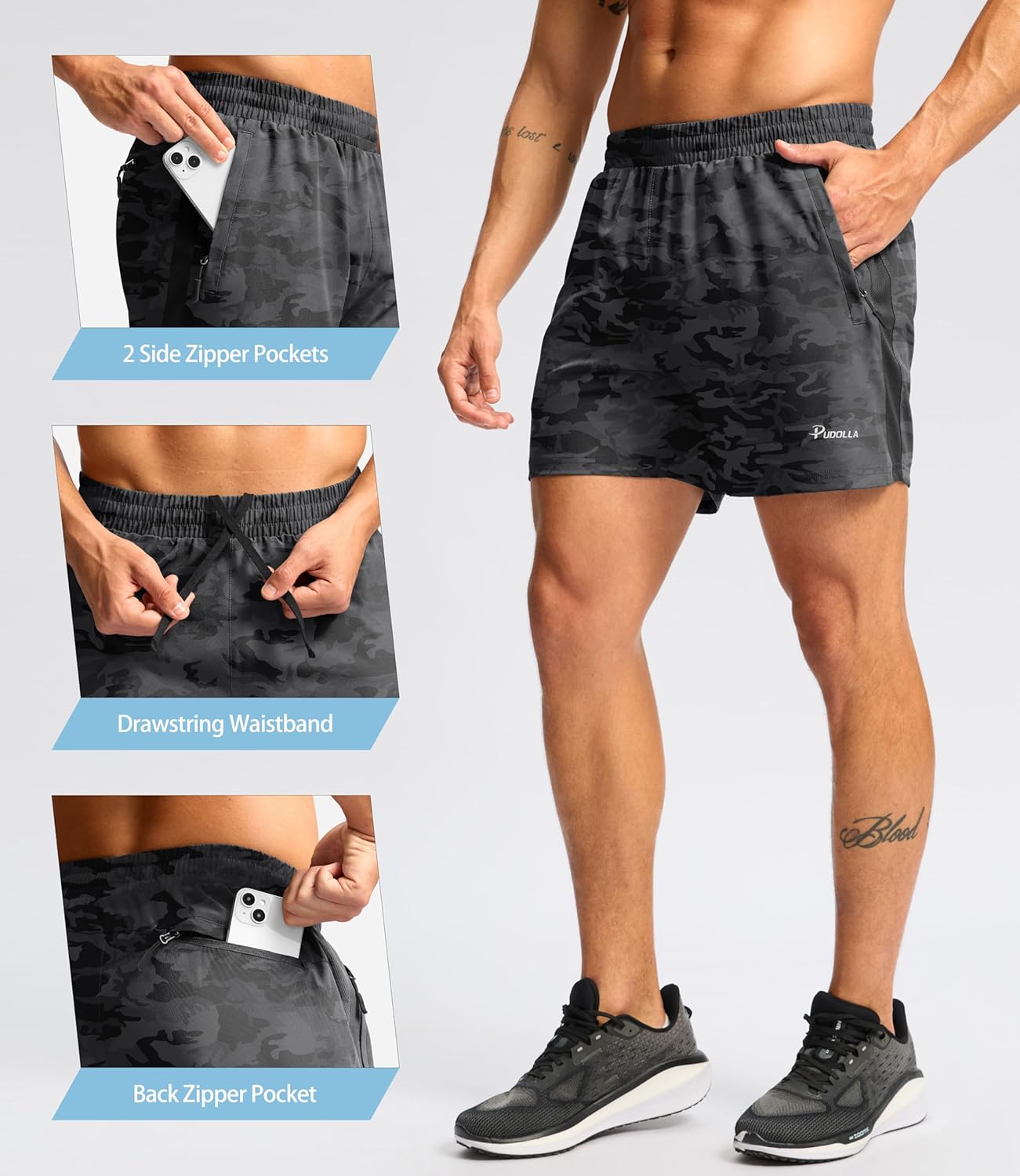 Pudolla Men's Running Athletic Shorts with 3 Zipper Pockets 5"/7" Gym Workout Shorts Lightweight Quick Dry for Hiking Casual - Image 4