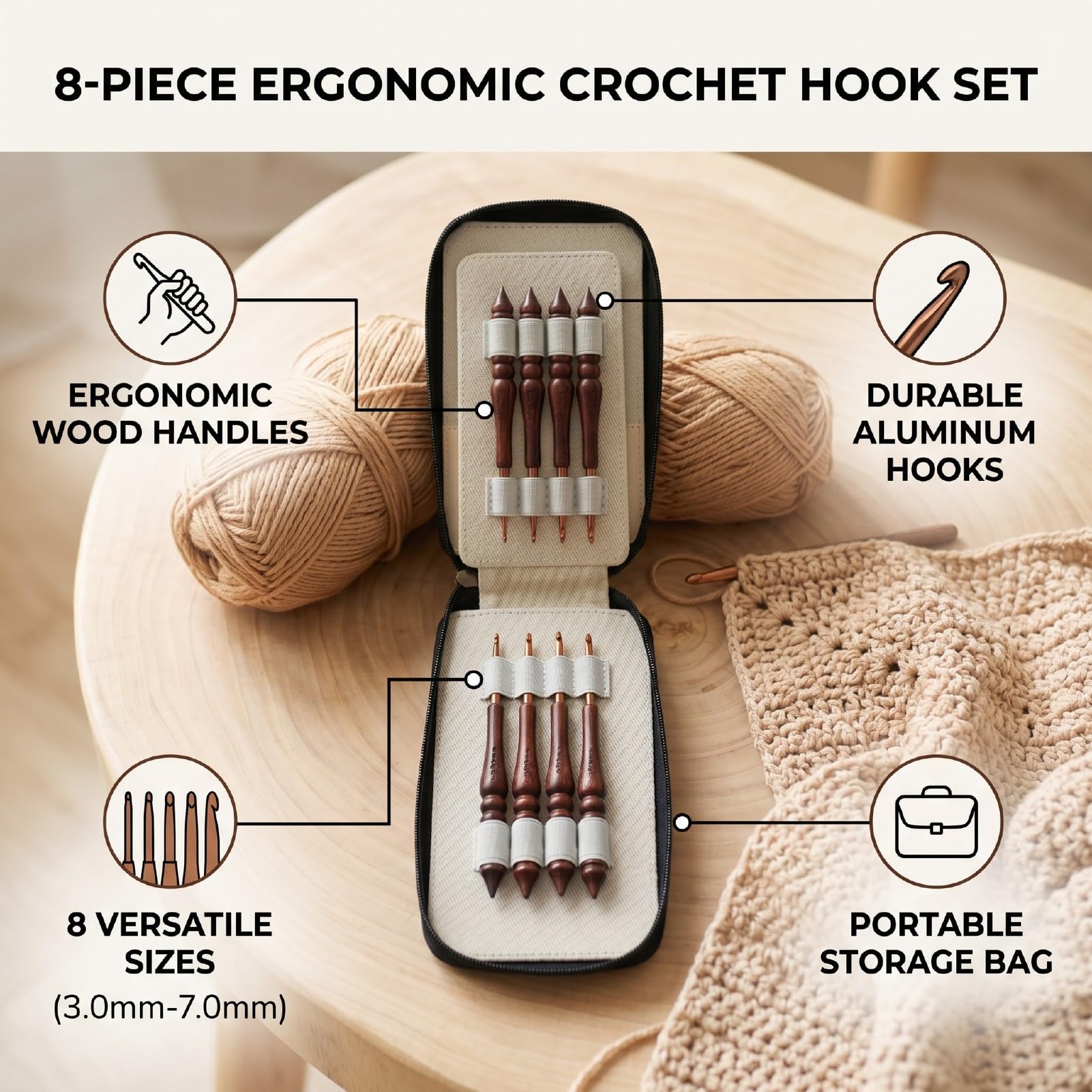 Luocute Juego de 8 Agujas de Ganchillo, Gancho Ergonómico de Aluminio con de Madera de 3 a 7 Mm para Proyectos de Tejer y Ganchillo para Principiantes y Entusiastas