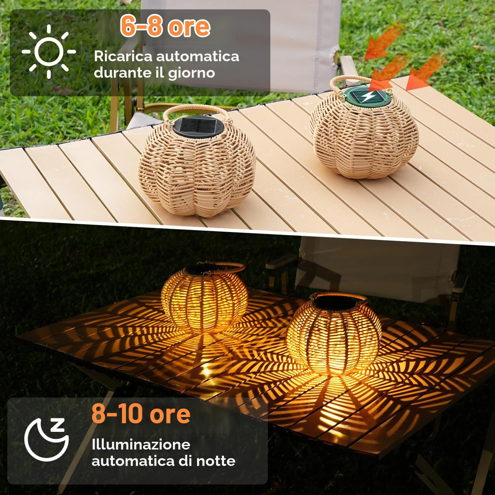 Lanterne Solari da Esterno a Forma di Zucca Intreccio Manuale in Rattan Naturale, Lampada Solare da Esterno con Luce Calda e Sensore Automatico, IP65 per Giardino Terrazzo Cortile, 2 Pezzi