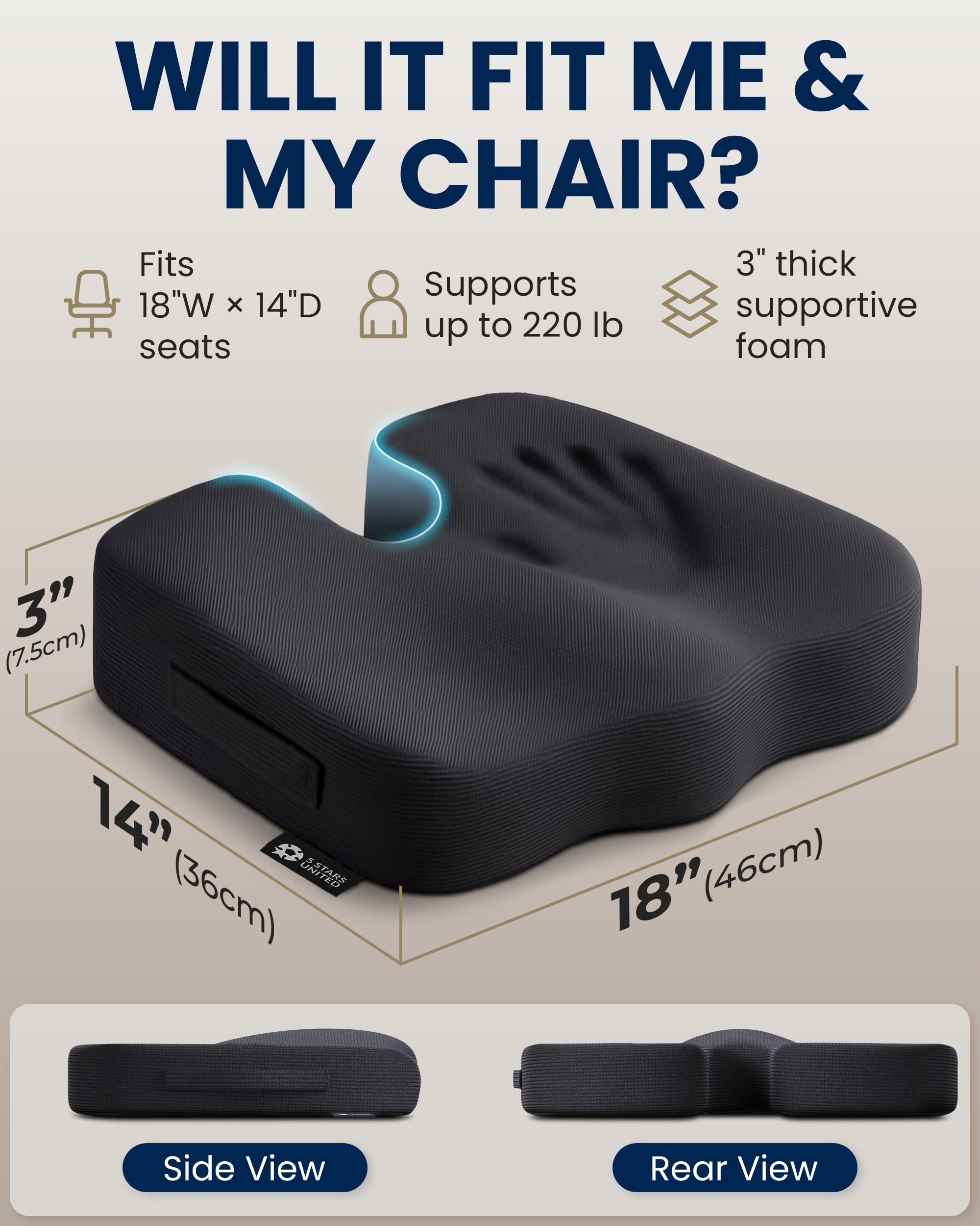 5 Stars United Mémoire de Forme pour Siège, Ergonomique Coccyx, Soulagement Sciatique & Lombaires, Anti-Dérapant, Portable, Housse Lavable – Arctic Noir