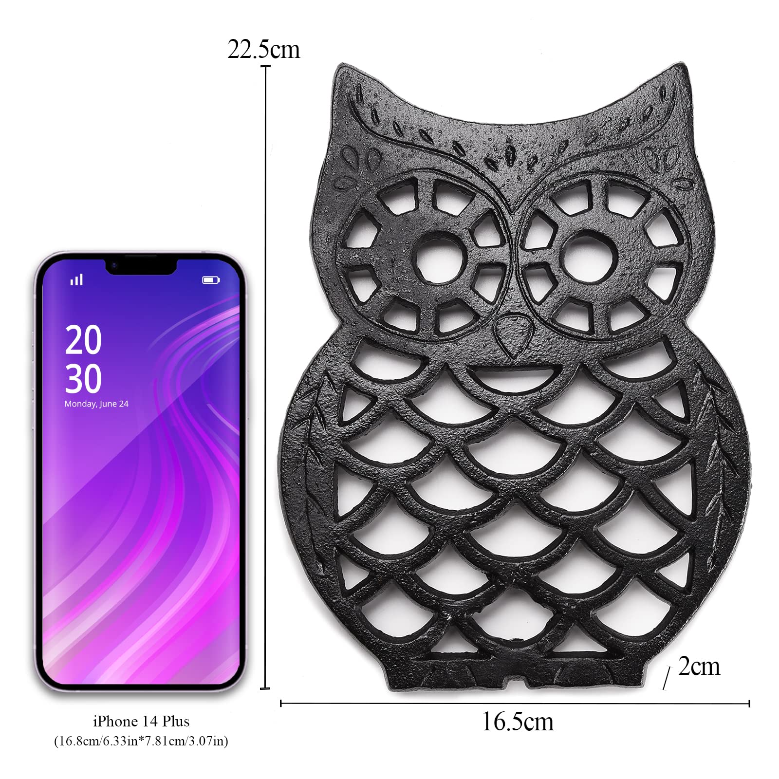 Podstawka żeliwna w kształcie sowy Podstawka żeliwna Podkładki pod gorące garnki i naczynia do kuchni i jadalni 16,5 x 22,5 cm z gumowymi kołkami/nóżkami Dekoracyjny rustykalny design vintage