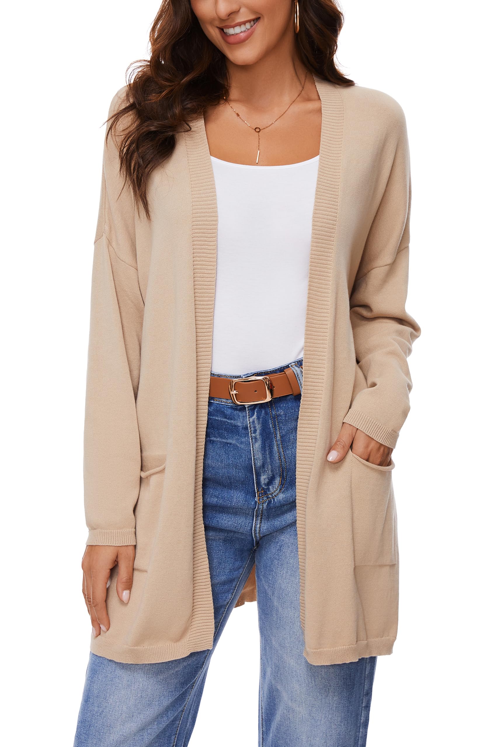 Cardigan Aperto in Cotone 100% per Donna con Tasche, Maniche Lunghe, Morbido, Oversize, Maglione Casual da Donna, Khaki, L