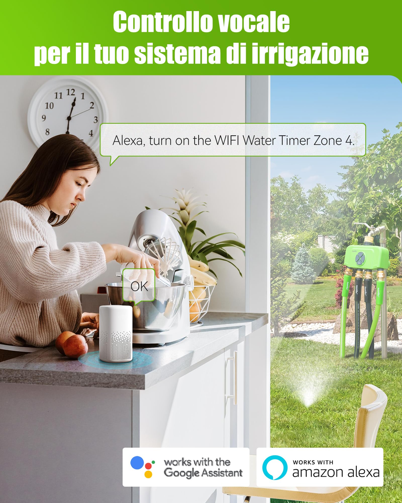 RAINPOINT Programmatore Irrigazione WiFi 4 Zone con Gateway, Centralina Irrigazione Intelligente con Misuratore di Portata, Connettori in Ottone, Controllo App/Voce per Giardino e Prato