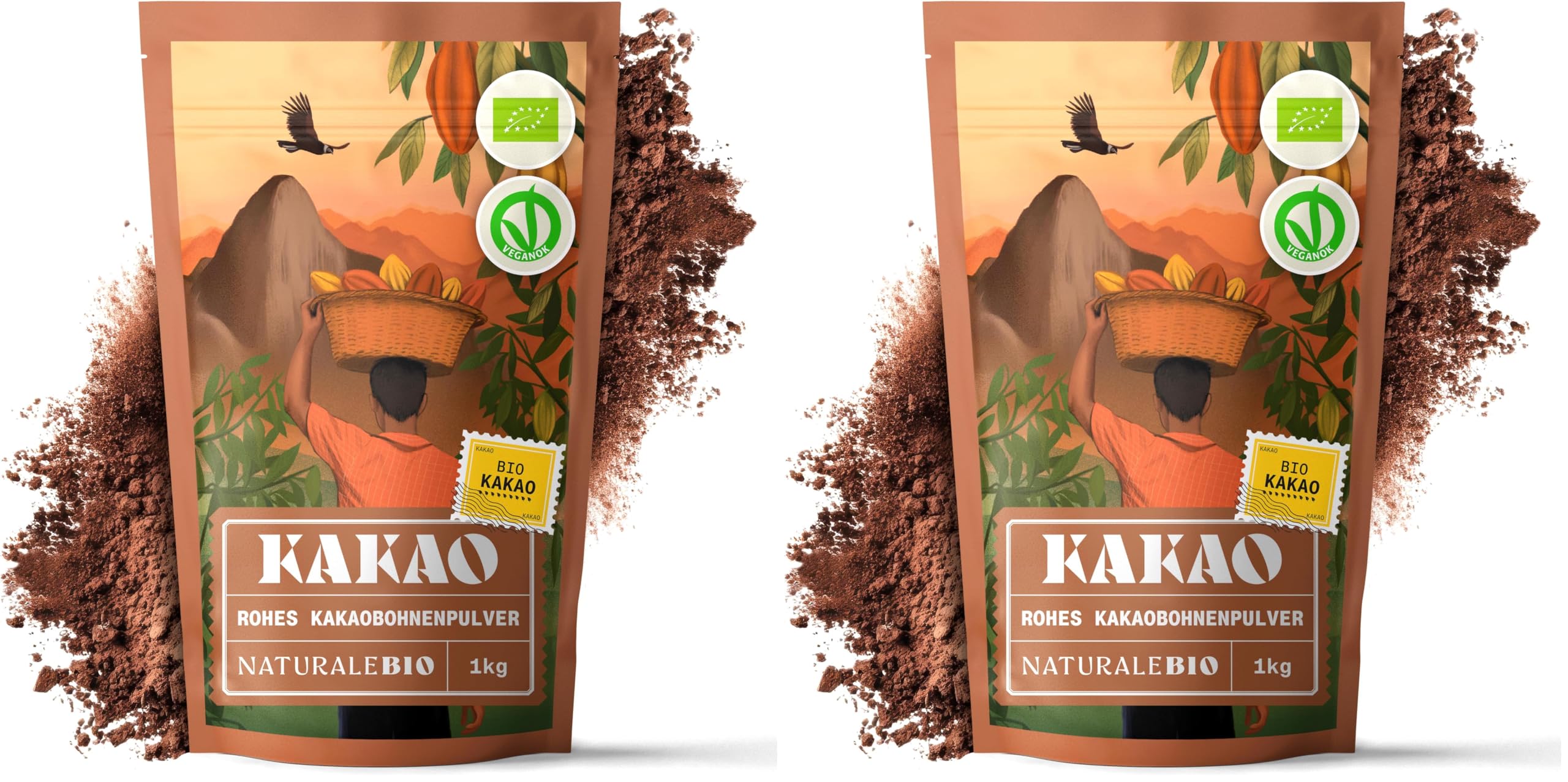 NaturaleBio Kakao Pulver Bio 1kg. Organic Cacao Powder. Natürlich und rein aus rohen Kakaobohnen. Ungesüßt. Magnesium- und Phosphor-Quelle. Geprüft auf Schwermetalle (Packung mit 2)