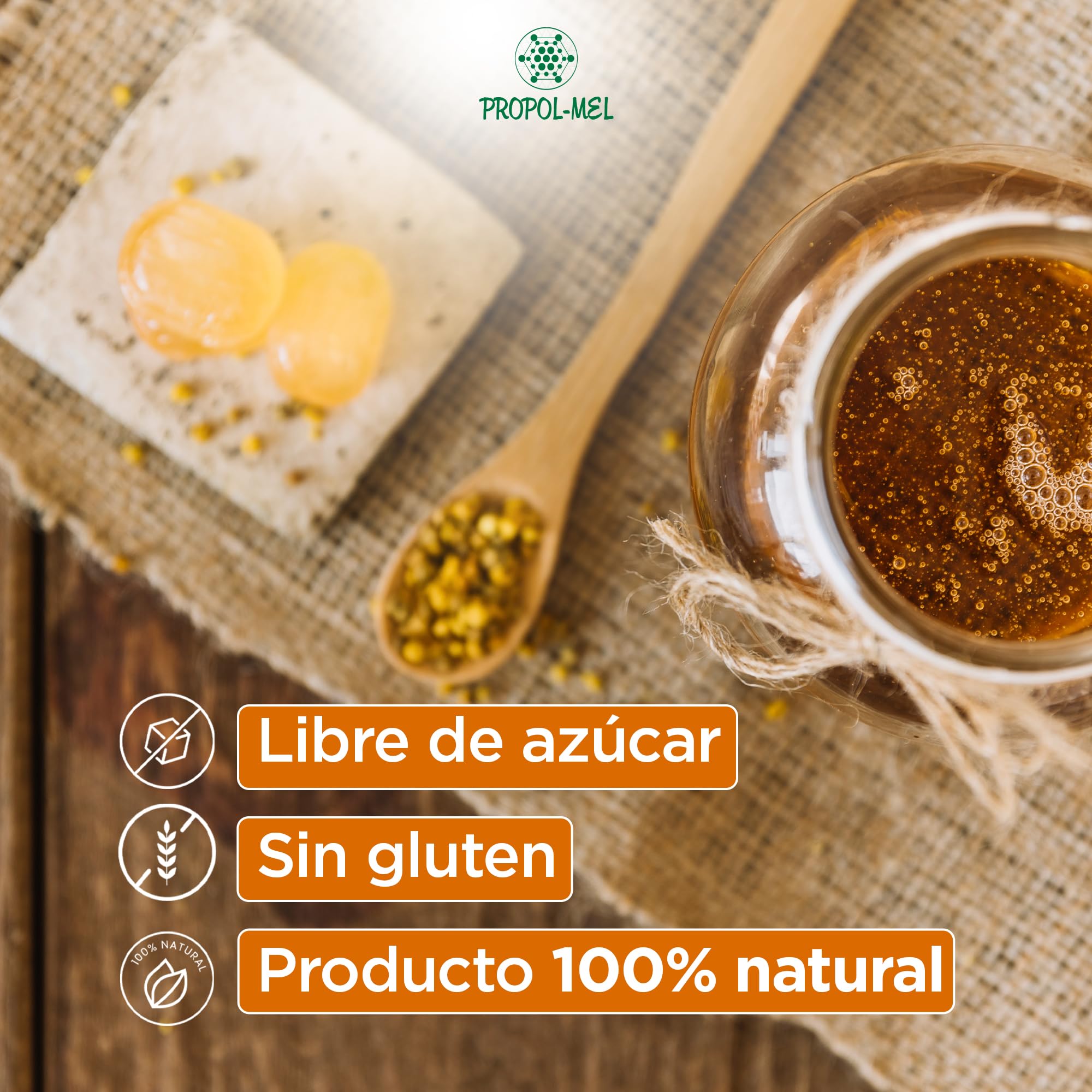 500 g - Caramelos de Propoleo Sin gluten y Sin azucar. Elaborado con propolis puro finamente troceado. Recomendado para el mal aliento, el aparato bucal y la garganta.