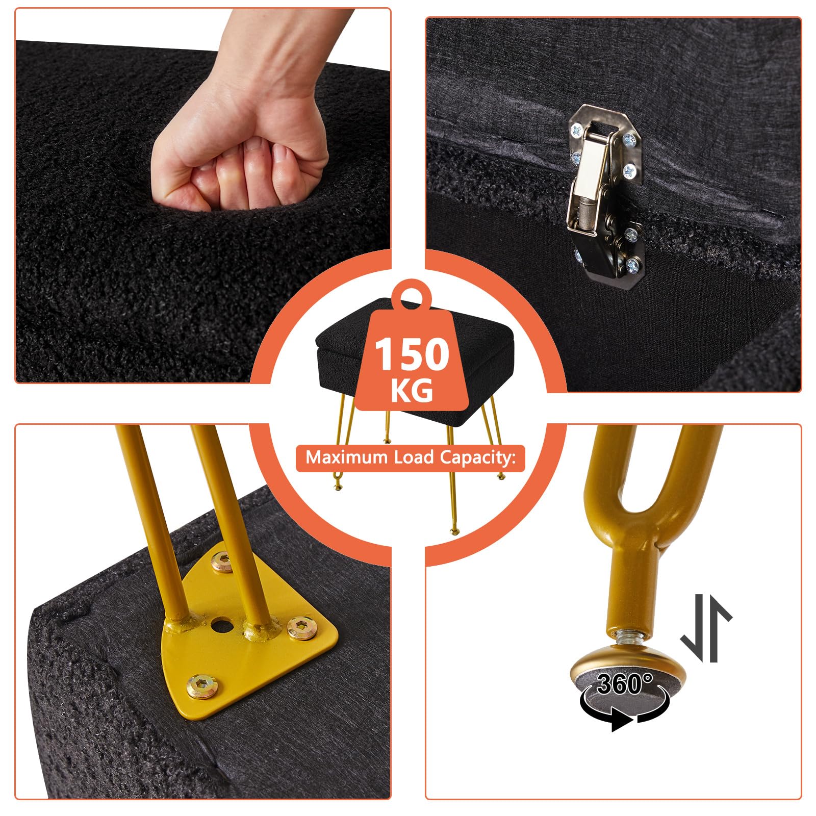 YMYNY Taburete, Otomanas, Taburete de Almacenamiento, Taburete de Maquillaje Silla con Espacio, Soporte de Metal, Bancos de Tocador, Multifuncional, para Salón Dormitorio 40×30×47CM Negro HBD031B