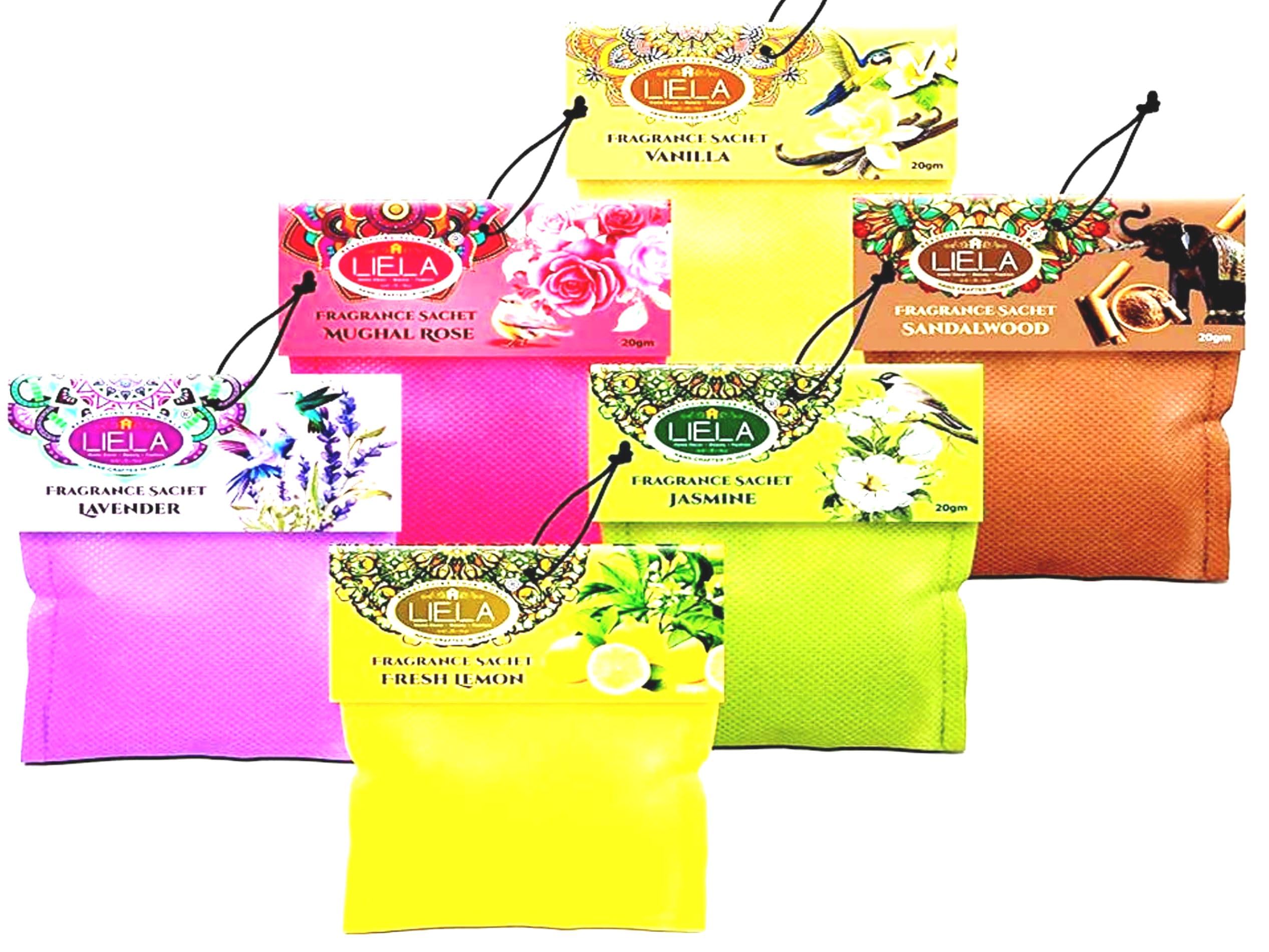 Non woven natural fabric Sachets Set of 6 in premium & pure fragrance lavender, sandal, jasmine, rose, vanilla and fresh lemon. Multipurpose, for CAR, BATHROOM, CUPBOARD, SHEO RACK, ALMIRAH ETC.