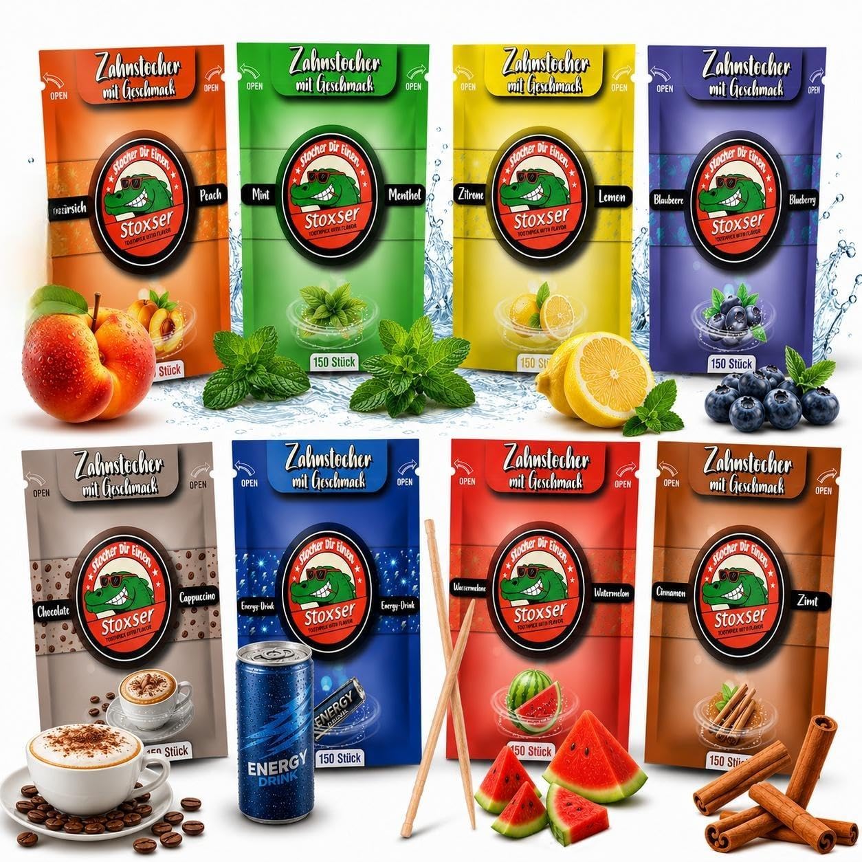 1200 stuzzicadenti aromatizzati, confezione da 8 pezzi, pesca e mirtillo e limone, limone e menta, anguria, cannella, bevande energetiche, cioccolato, cappuccino