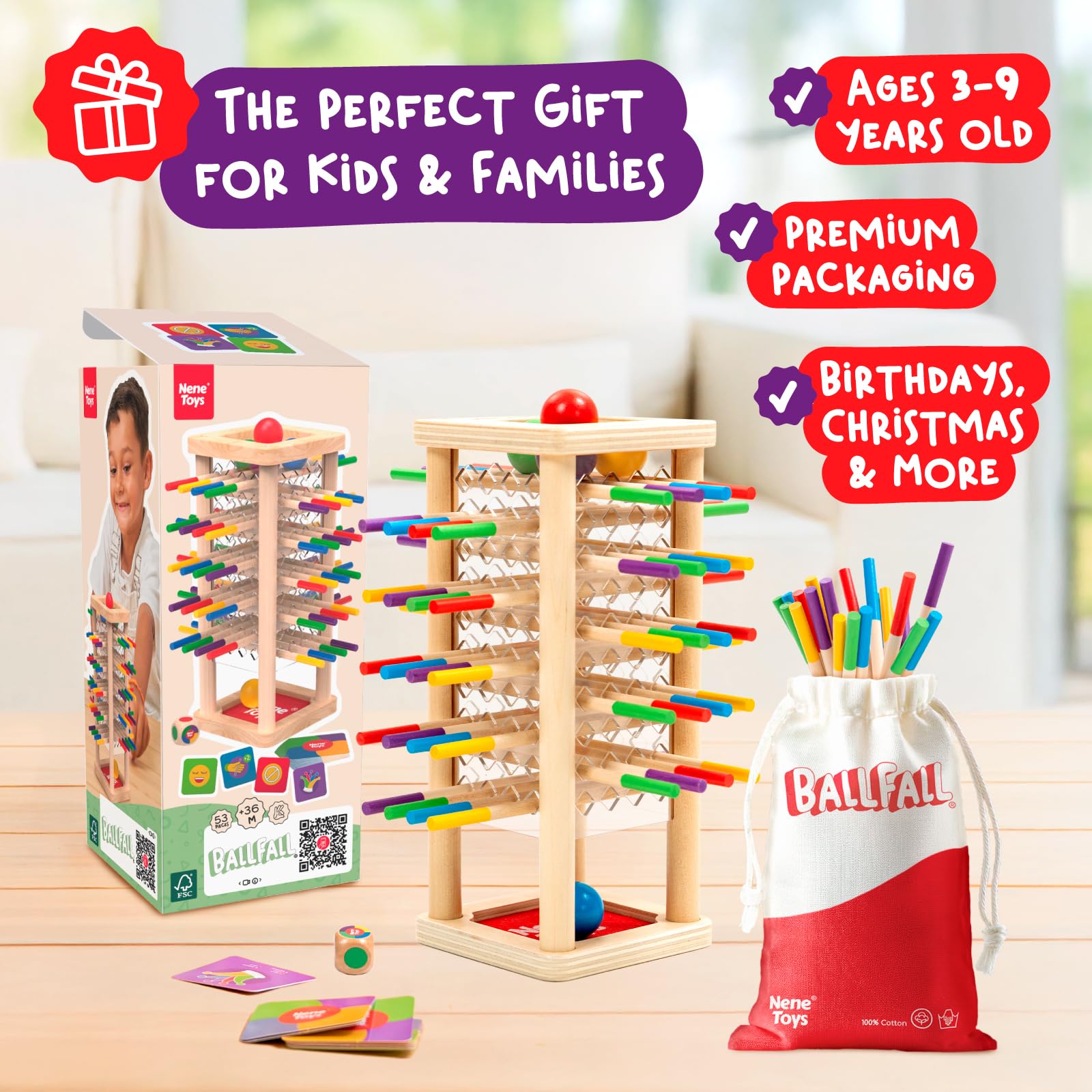 Nene Toys BALLFALL – Giochi Educativi Montessori in Legno per Bambini 3 4 5 6 Anni – Gioco da Tavolo con Bastoncini, Dado e Carte – Regalo per Motricità Fine e Abilità Logiche 3-9 Anni
