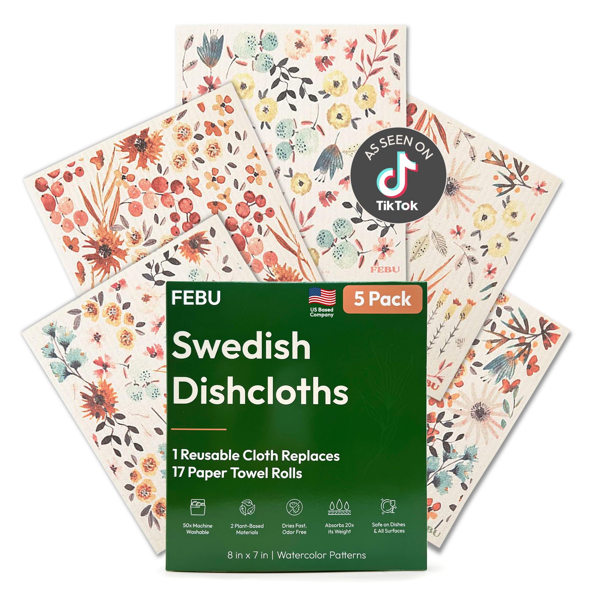 FEBU Swedish Dishcloths for Kitchen | 5 Pack Watercolor Reusable Paper Towels Washable | Swedish Dish Towels | Non-Scratch Cellulose Sponge Cloths | No Odor, Biodegradable Cleaning Cloths