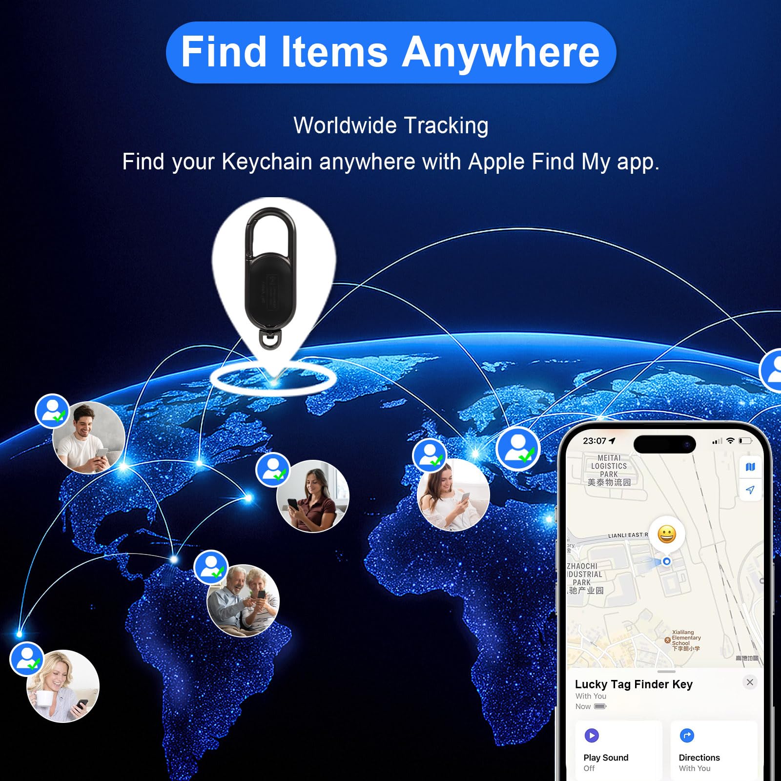 Portachiavi GPS Tracker – Apple Find My Compatible, allarme sonoro e monitoraggio globale per la prevenzione dell'oblio, nero