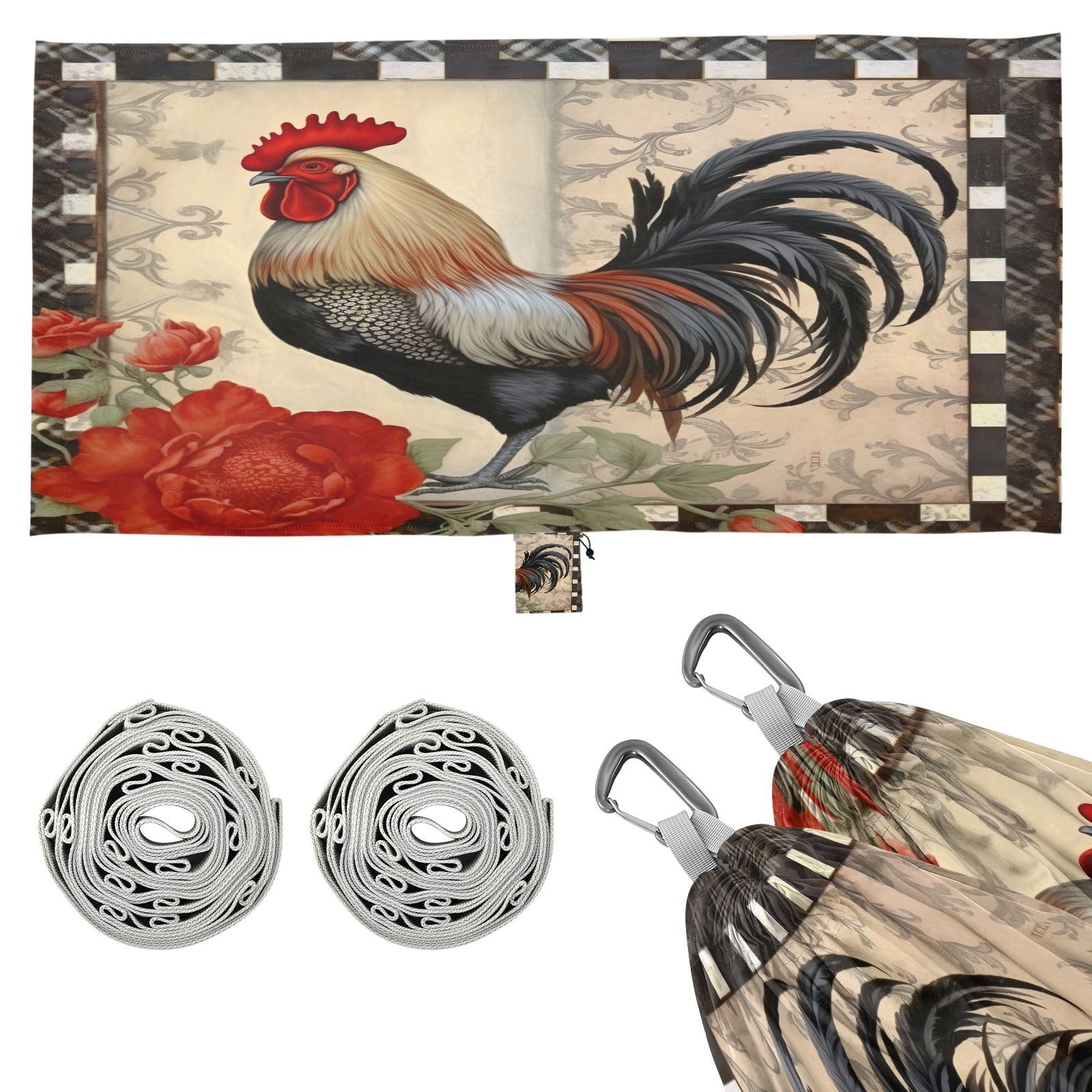 Haskirky Vintage Rooster Camping Hammock, Single Portable Hammocks with Tree Straps & Attached Carry Bag, 330Lbs Capacity Perfect for Outside Indoor Hiking Beach Backpack Travel