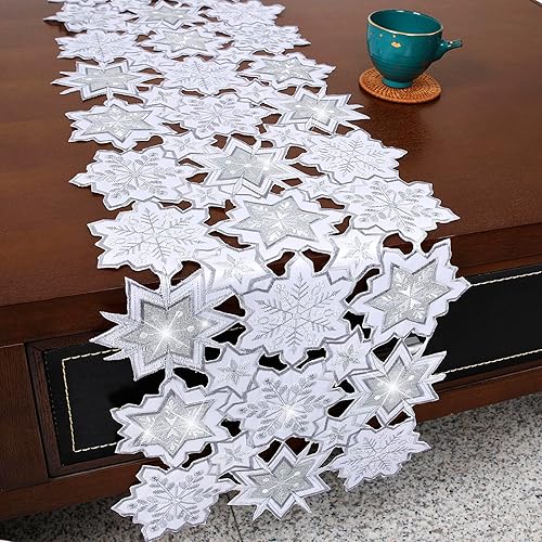 Camino de mesa de Navidad bordado con copos de nieve, decoración de mesa de Navidad, color blanco brillante, 54 pulgadas de largo, lentejuelas