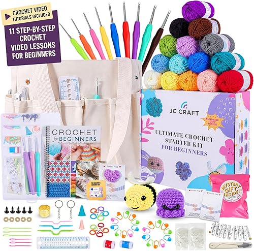 JC Craft Kit de ganchillo para principiantes - Juego de iniciación de 81 piezas con 15 hilos coloridos, ganchos ergonómicos, suministros completos, disponible en Yaxa Costa Rica