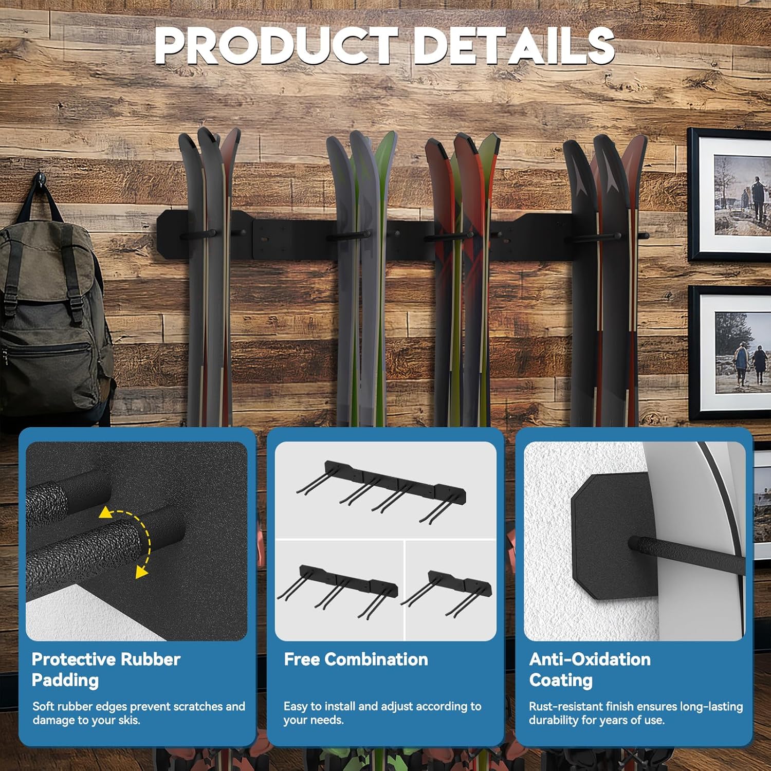Heavy Duty Ski Storage Racks, Holds 8 pairs of skis | Wall Mount for Home&Garage | Modular Design | Rubber Cover | Holds Up to 300lbs