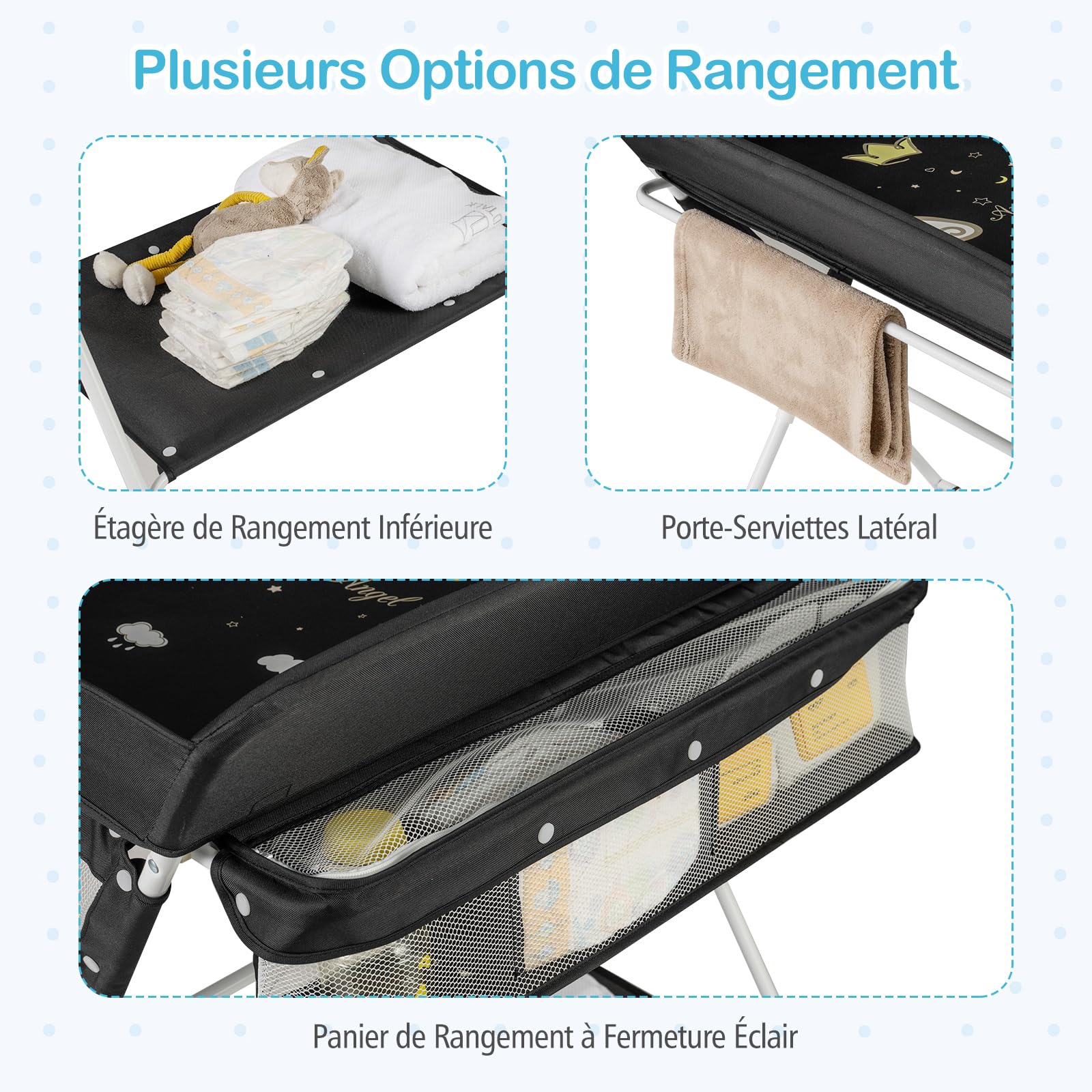 COSTWAY Table à Langer Pliante pour Bébé, Table à Langer Portable Réglable en Hauteur sur 3 Niveaux avec Roulettes Étagère et Panier, Station Organiseur Mobile pour Nouveau-nés (Noir)