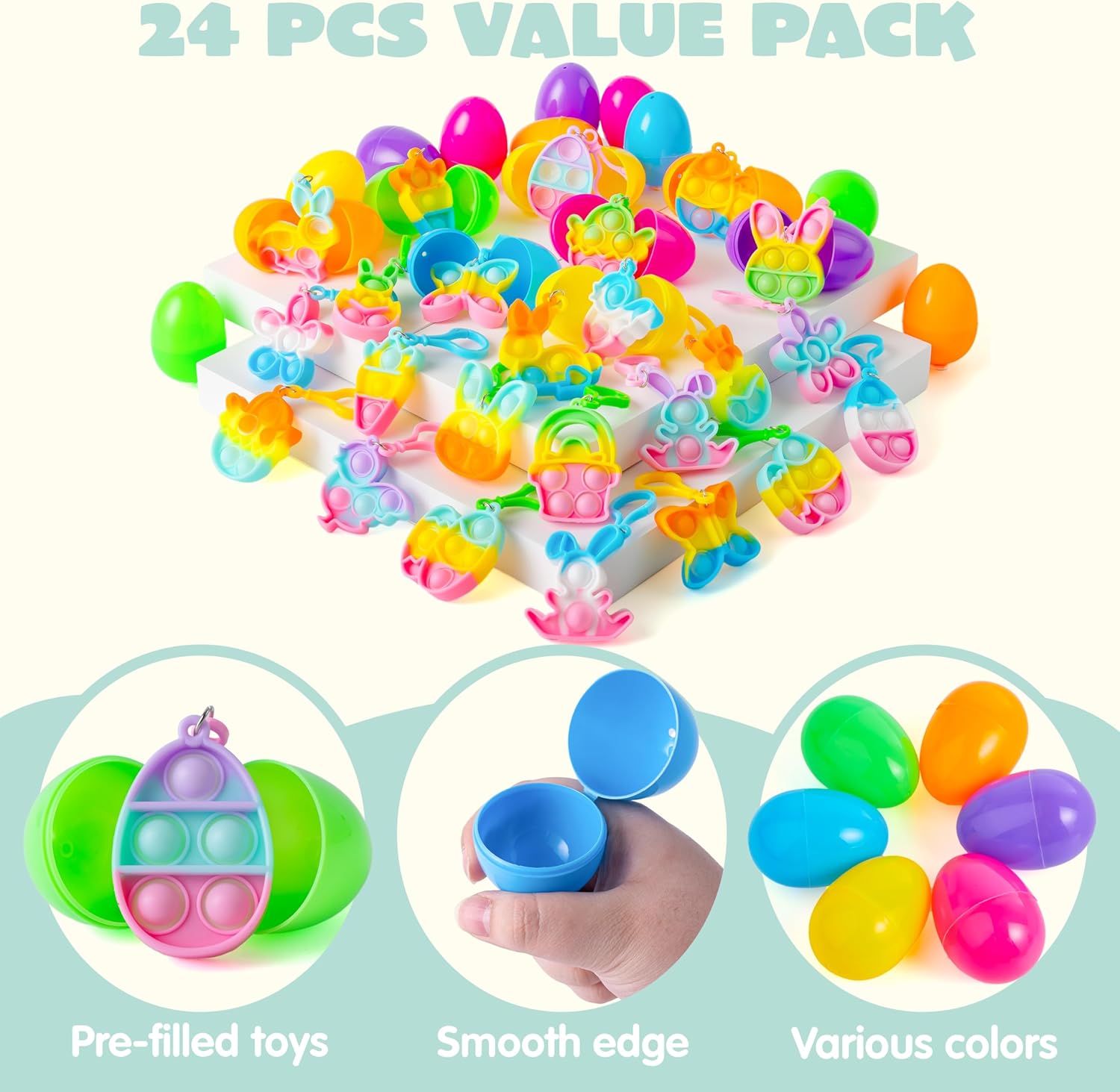 JOYIN 24 Pcs Prefilled Easter Egg with Mini Pop Fidget Bubble Keychain for Kids, Fidget Sensory Stress Relief Toy for Basket Stuffers, Easter Egg Hunt, Party Favors
