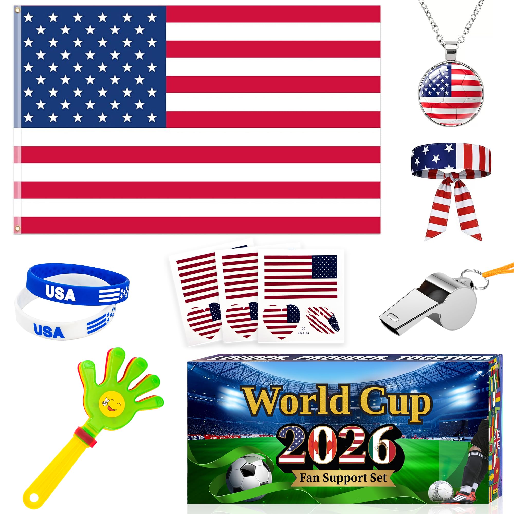 2026 World Cup Fan Accessories Kit 7PCS, Soccer Support Gear Set for Enthusiasts, Flag, Necklace, Wristband, Headband, Clapper, Whistle & Decals, for Watch Party & Stadium Events (United States) - 1