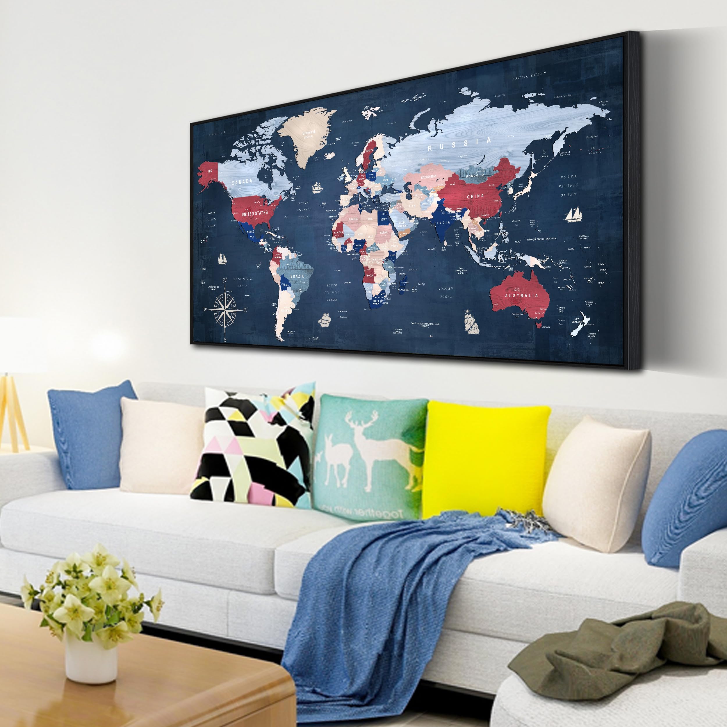 ZHAOSHOP World Map Wall Art for Living Room - Blue Wall Decor for Office - Large Framed Canvas Wall Art Ready to Hang Size 29" x 59"
