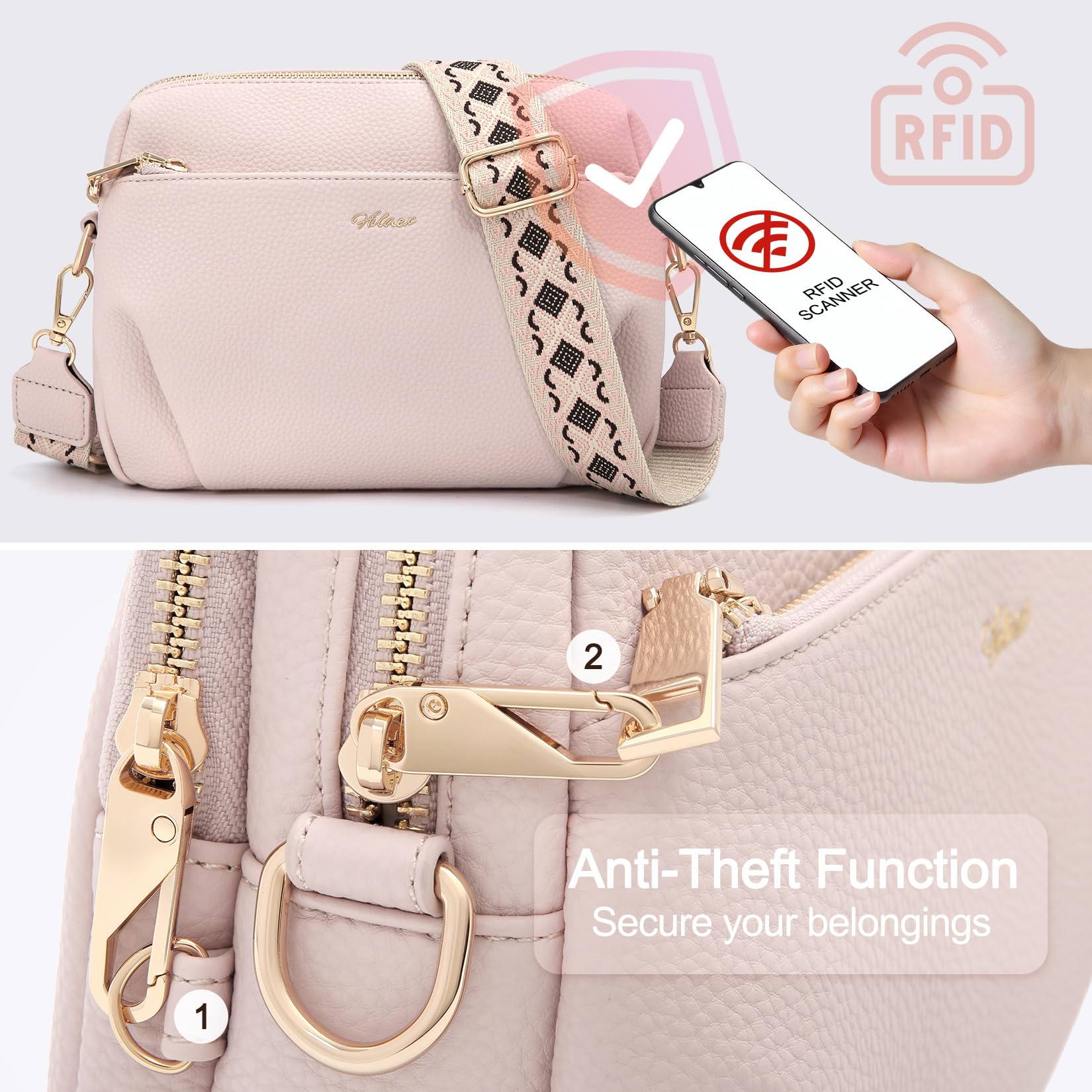 Borsa a tracolla da donna con blocco RFID, antifurto, multi tasche | 3L, leggero, con cinturino largo regolabile, pelle PU impermeabile