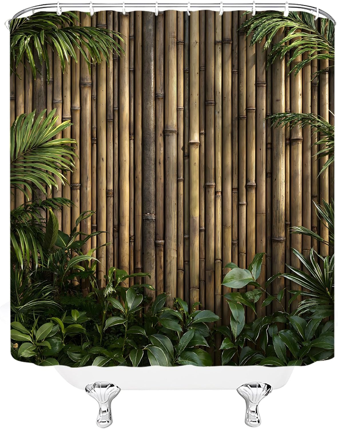 Bamboo Extra Long Shower Curtain,Nature Decor for Bathroom,Green Leaf Brown Fabric Curtain with Hooks,70x84 Inch