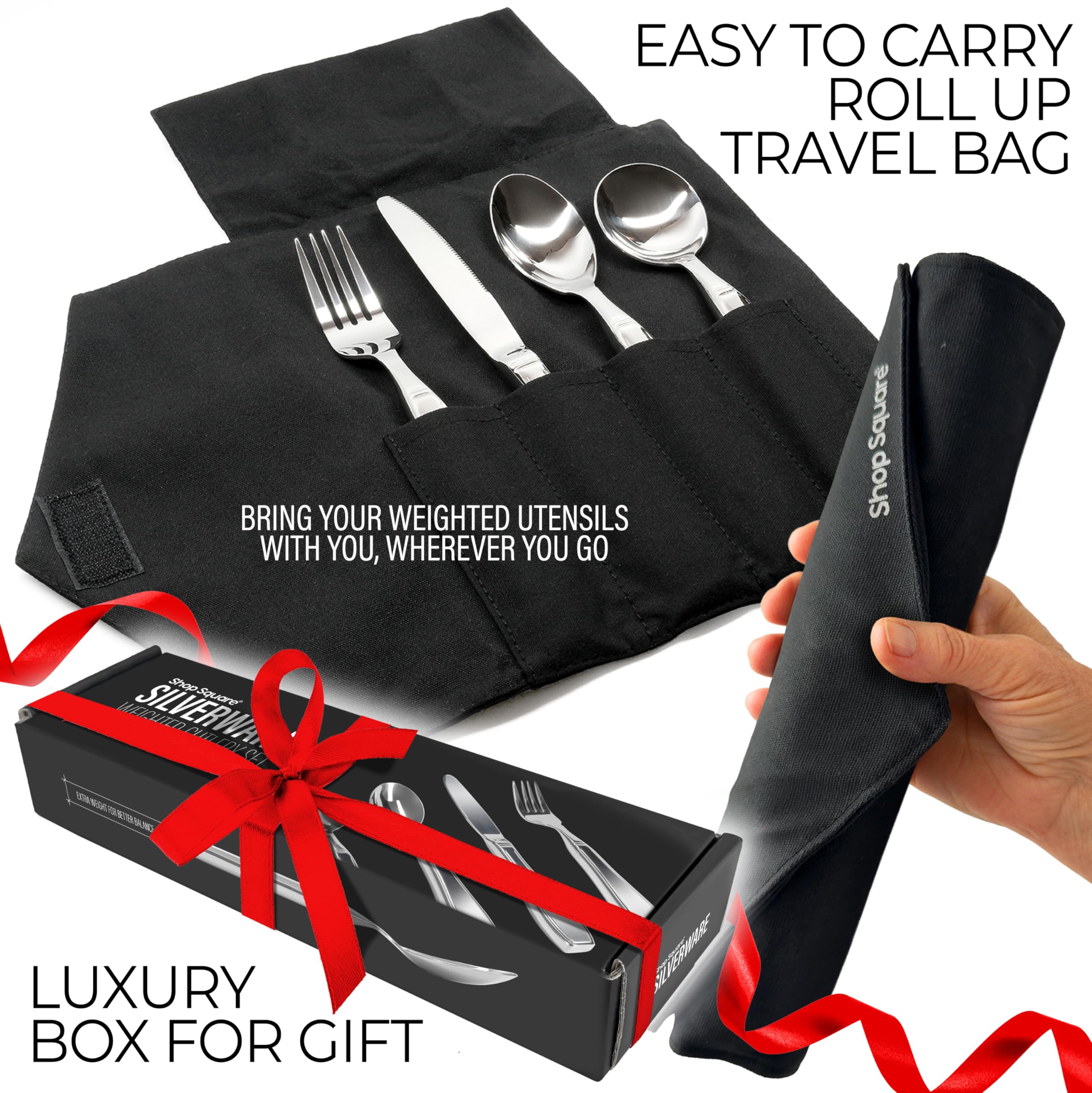 Utensilios pesados para temblores de manos y pacientes con Parkinson, juego de 4 piezas de cubiertos con peso para ancianos, artritis, agarre débil de la mano, práctica bolsa de viaje, acero