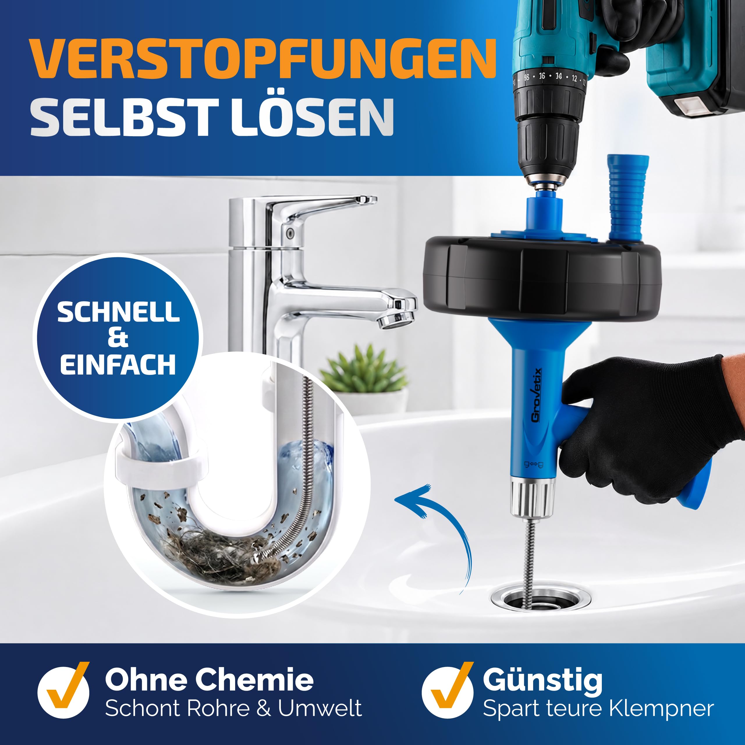 Rohrreinigungsspirale - 7,5m - Mit Bohraufsatz - Abflussreiniger spirale - Extra starke Federstahlspirale für Küche, Bad & Dusche