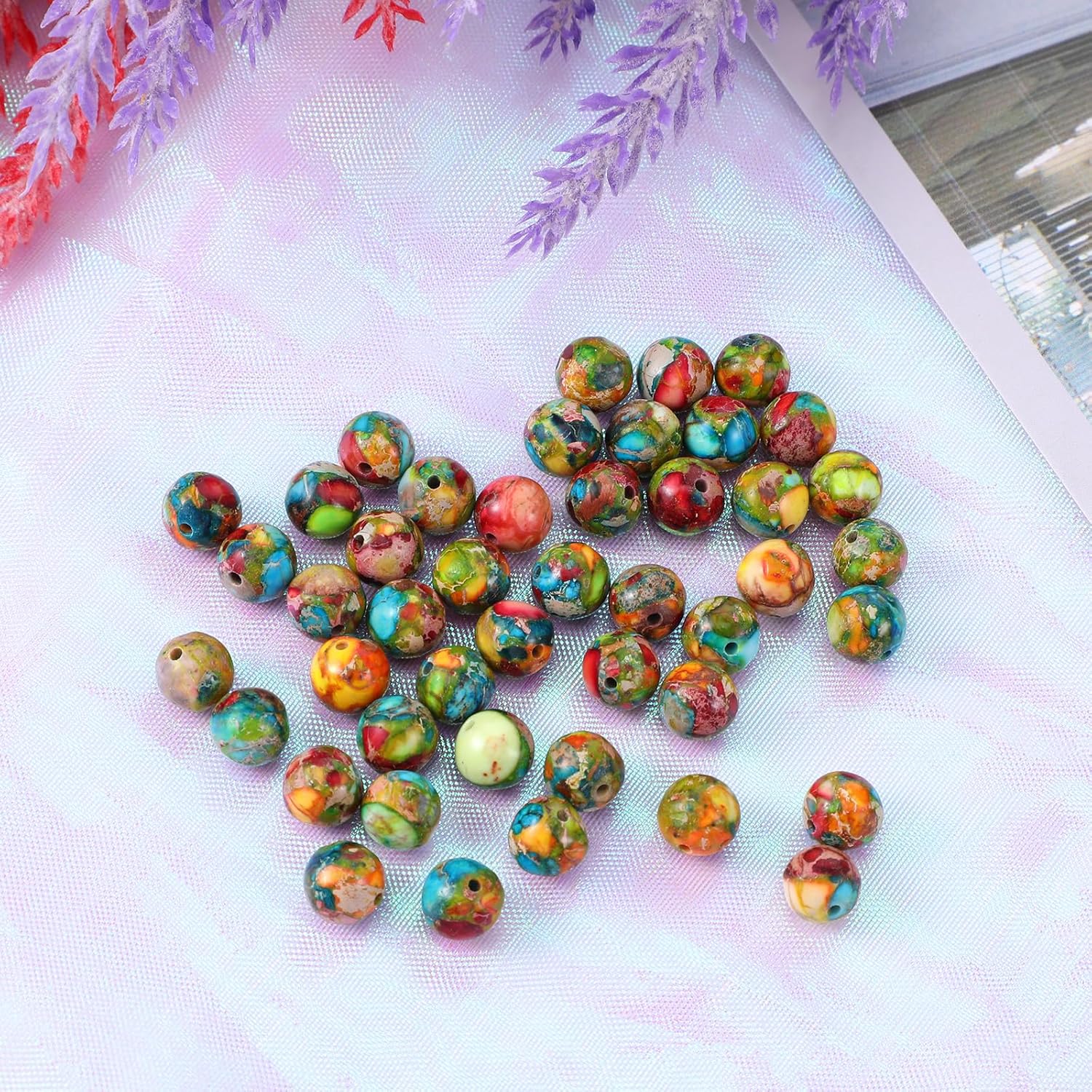 Yolev 47Pcs Jasper Beads, Natural Gemstone Beads, Imperial Sea Sediment, Colorful Round Stone Bead for Jewelry Necklace Bracelet Making(Multicolor F(8MM)) - Image 4