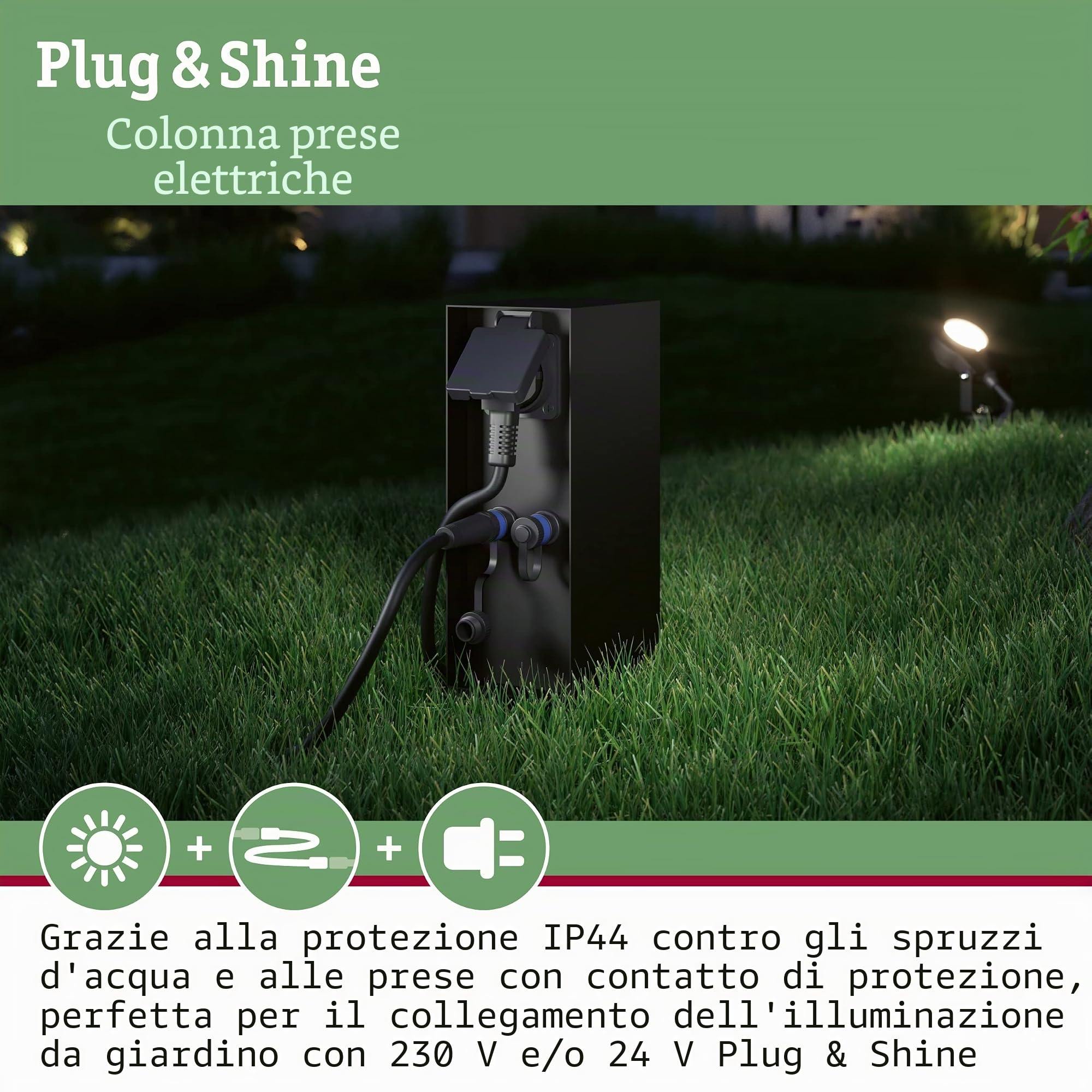 Paulmann 94701 Lampada esterni Plug&Shine accessorio colonna per prese elettriche Rio sensore crepuscolare IP44 antracite 2x 230V 2x Plug & Shine 24V