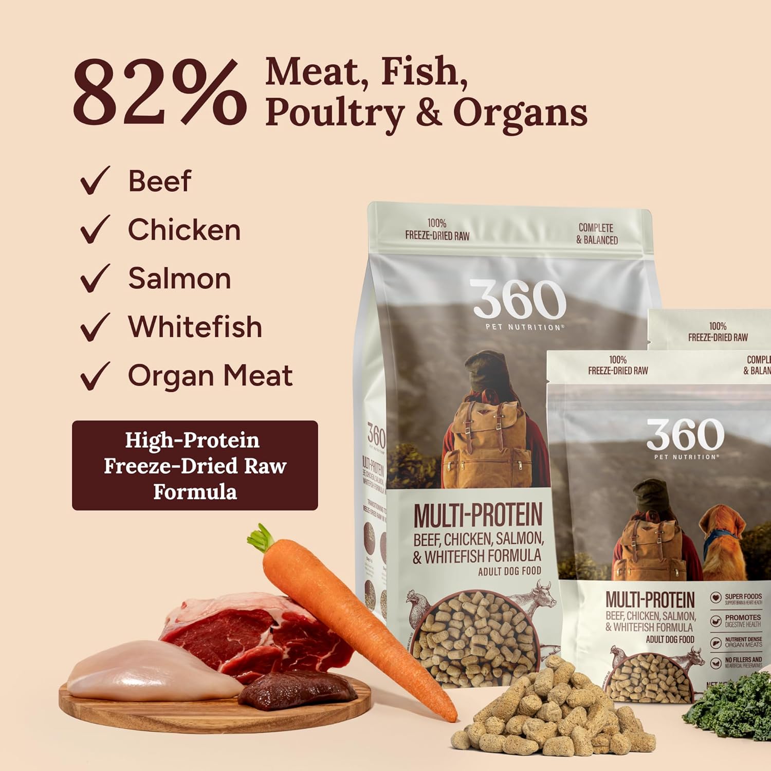 360 Pet Nutrition Freeze-Dried Raw Dog Food – Multi-Protein with Beef, Chicken, Fish, Liver & Organs, High Protein Omega-3s Fruits Veggies & Superfoods Grain-Free, No Fillers, 4 x 5 oz – Made in USA