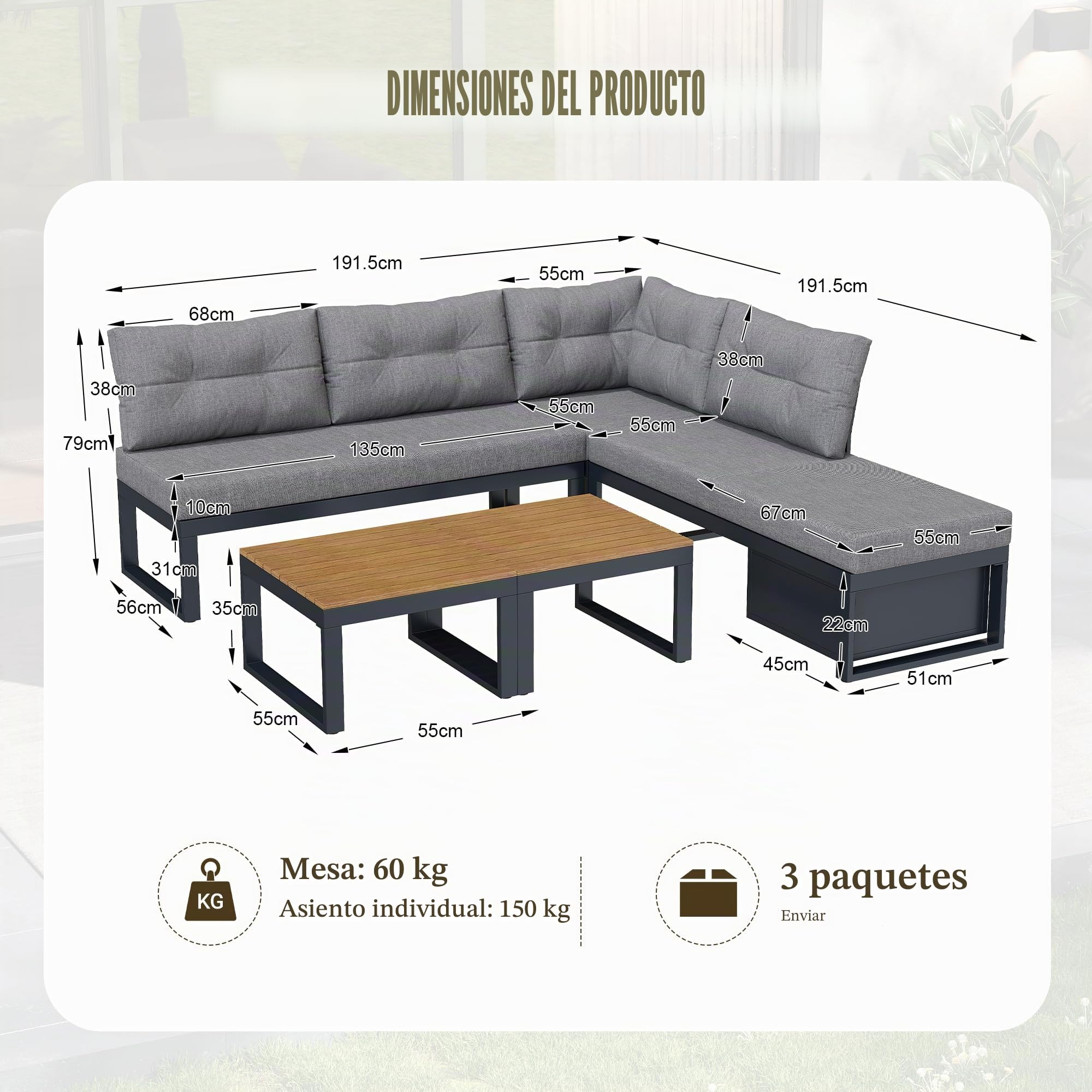 Conjunto de Jardin Exterior para 5 Personas, 5 Piezas, Set Muebles Jardin con 2 Mesa de Centro, Sofá Sillones con Cojines y Respaldo, Juego de Muebles de Jardín para Terraza Patio (Gris)