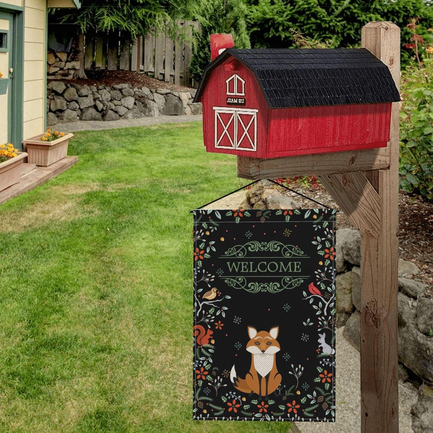 Welcome Garden Flag Forest Fox Double-Sided Rustic Linen Garden Flag, Charming woodland wreath Animal Outdoor Décor - 12x18" (Black) - Image 5