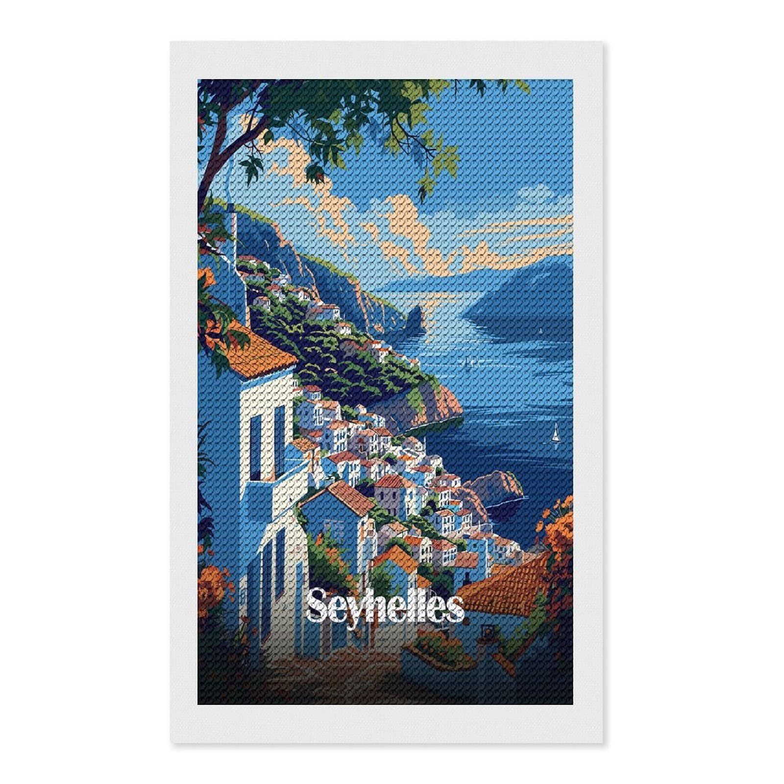 Junmoney Seychelles Coastal Town Diamond Painting Set 12"x20", for Adults, Decorate Your Room, Thoughtful Handmade Gift, Boho Decor, with Tool Kit