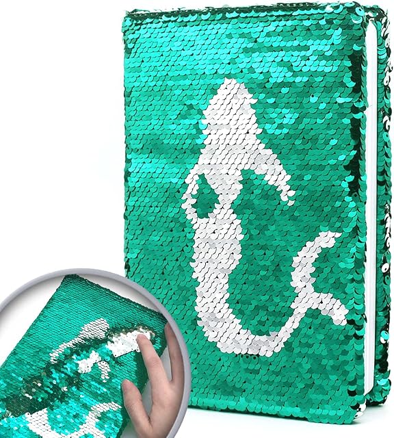 GINMLYDA Reversible Sequin Notebook for Girls, Cute Mermaid A5 Size Little Girls Diary for Writing Drawing, Perfect Christmas Birthday Gifts Sliver to Green 160 Pages