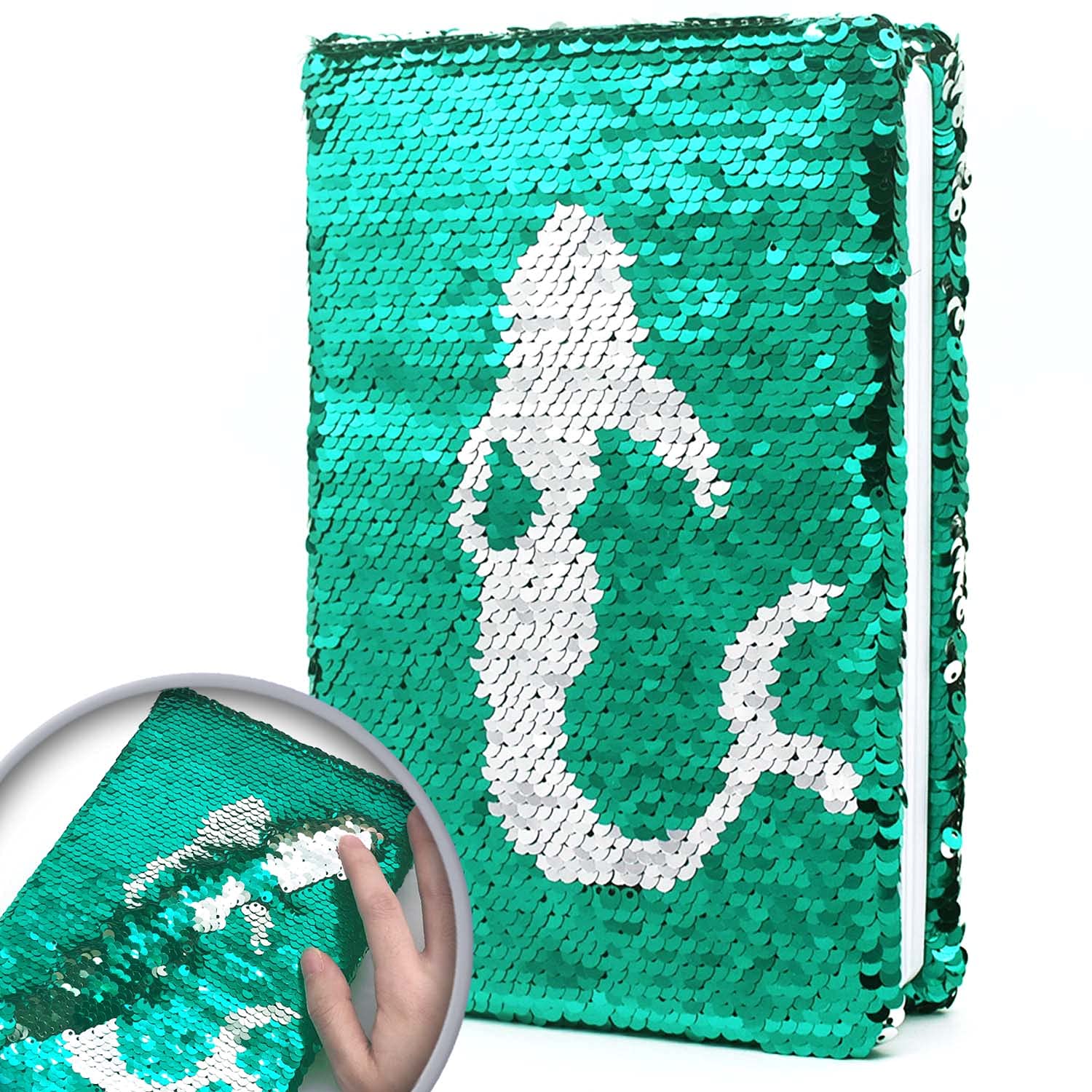 GINMLYDA Reversible Sequin Notebook for Girls, Cute Mermaid A5 Size Little Girls Diary for Writing Drawing, Perfect Christmas Birthday Gifts Sliver to Green 160 Pages