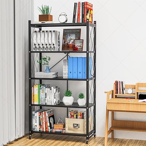 Miniatura 2 de Estante de almacenamiento plegable de 3 niveles con ruedas, estante plegable de metal, carrito rodante para libros, estantes de almacenamiento de