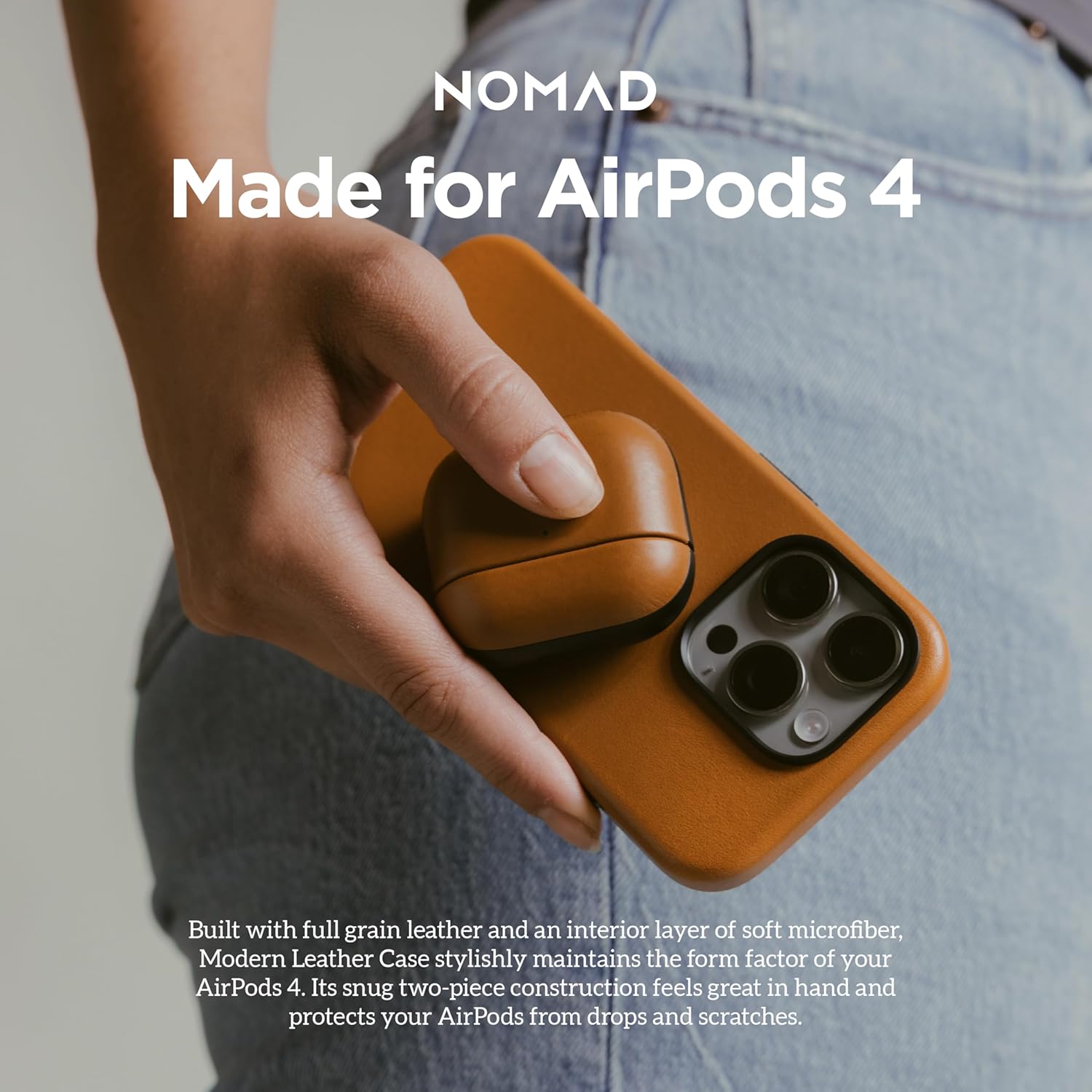 Nomad Airpods 4 Case in English Tan-C Nomad Leather, AirPods 4 Cover, Compatible with Air Pods 4, Qi and MagSafe Charging Compatible